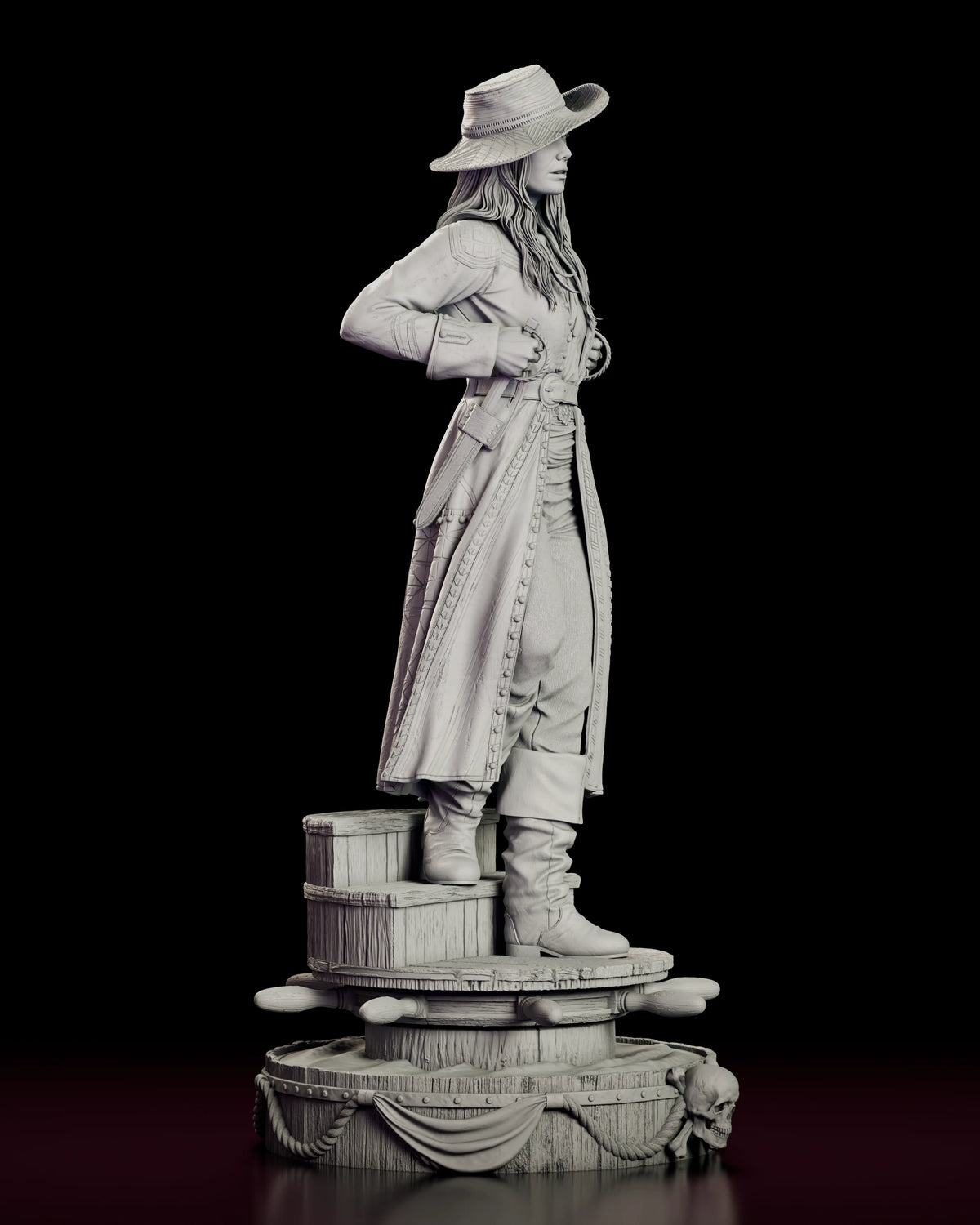 Right side view of the Anne Bonny resin model showing the sheathed sword at her hip and the ship's wheel under the deck