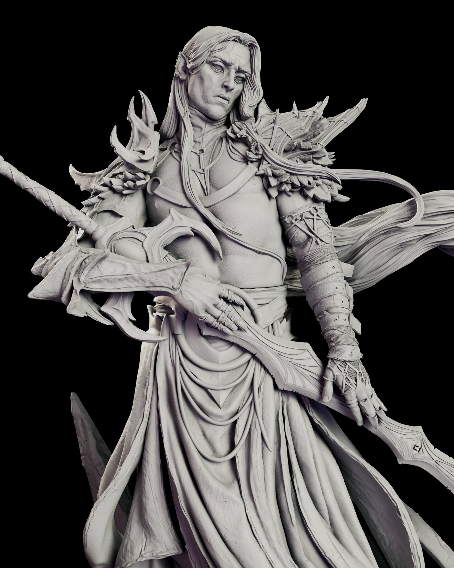 Upper body detail of The Pale Sorcerer-King figure model kit showing the thorned spaulders, the wrapped forearm and mesh glove, and the runes cut along the blade