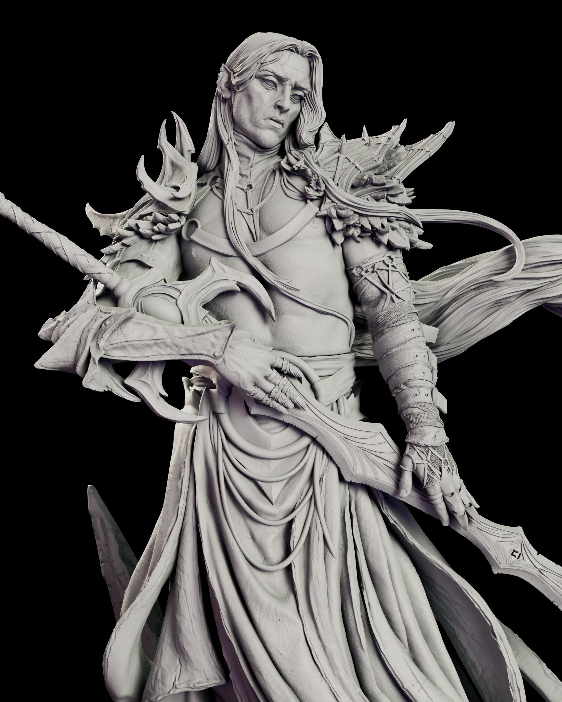 Upper body detail of The Pale Sorcerer-King figure model kit showing the thorned spaulders, the wrapped forearm and mesh glove, and the runes cut along the blade