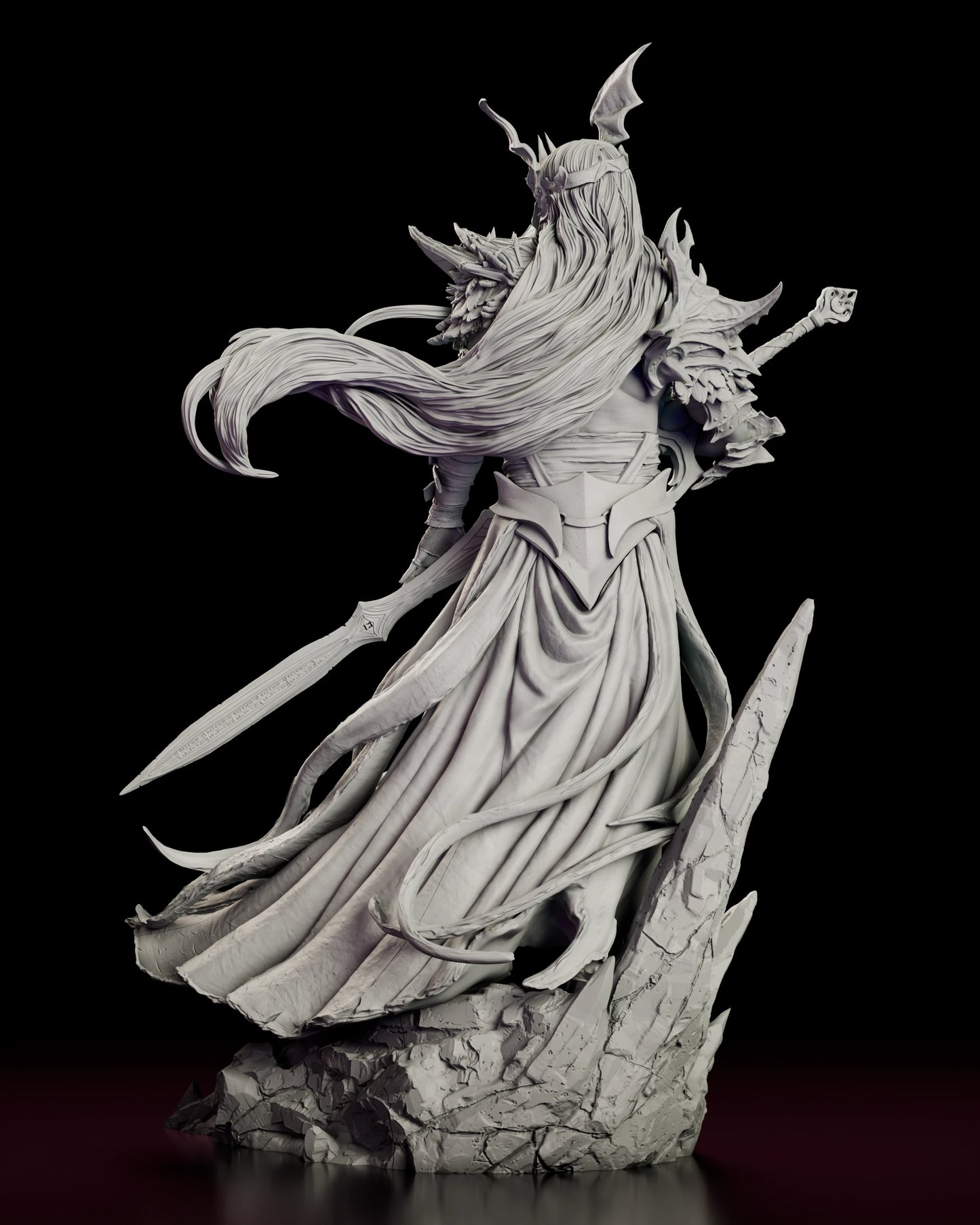 Rear view of The Pale Sorcerer-King figure model kit showing the long hair streaming out beside the coiling dragon mantle above the trailing hem