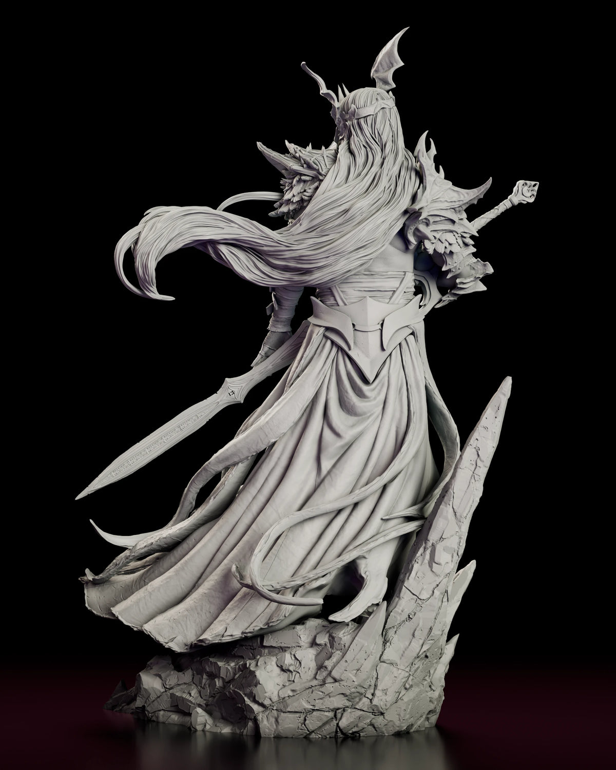 Rear view of The Pale Sorcerer-King figure model kit showing the long hair streaming out beside the coiling dragon mantle above the trailing hem