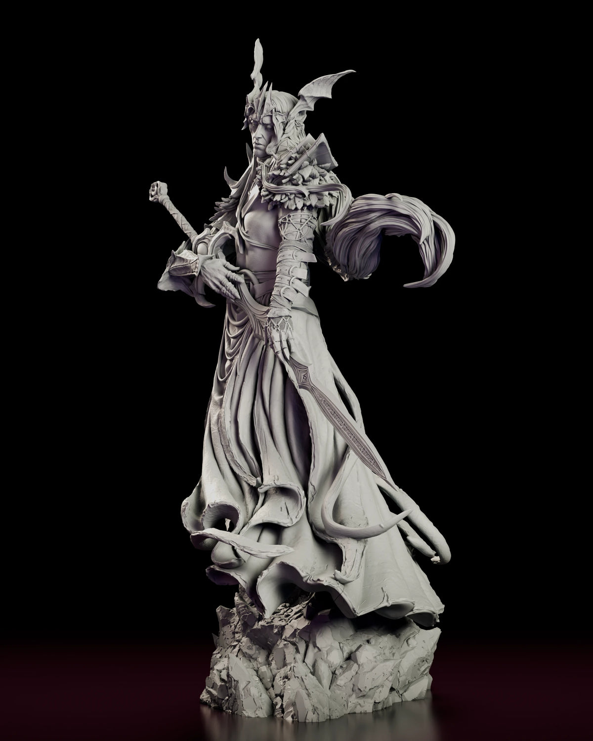 Left side view of The Pale Sorcerer-King figure model kit showing the fall of the layered robe over the rising shards of the base