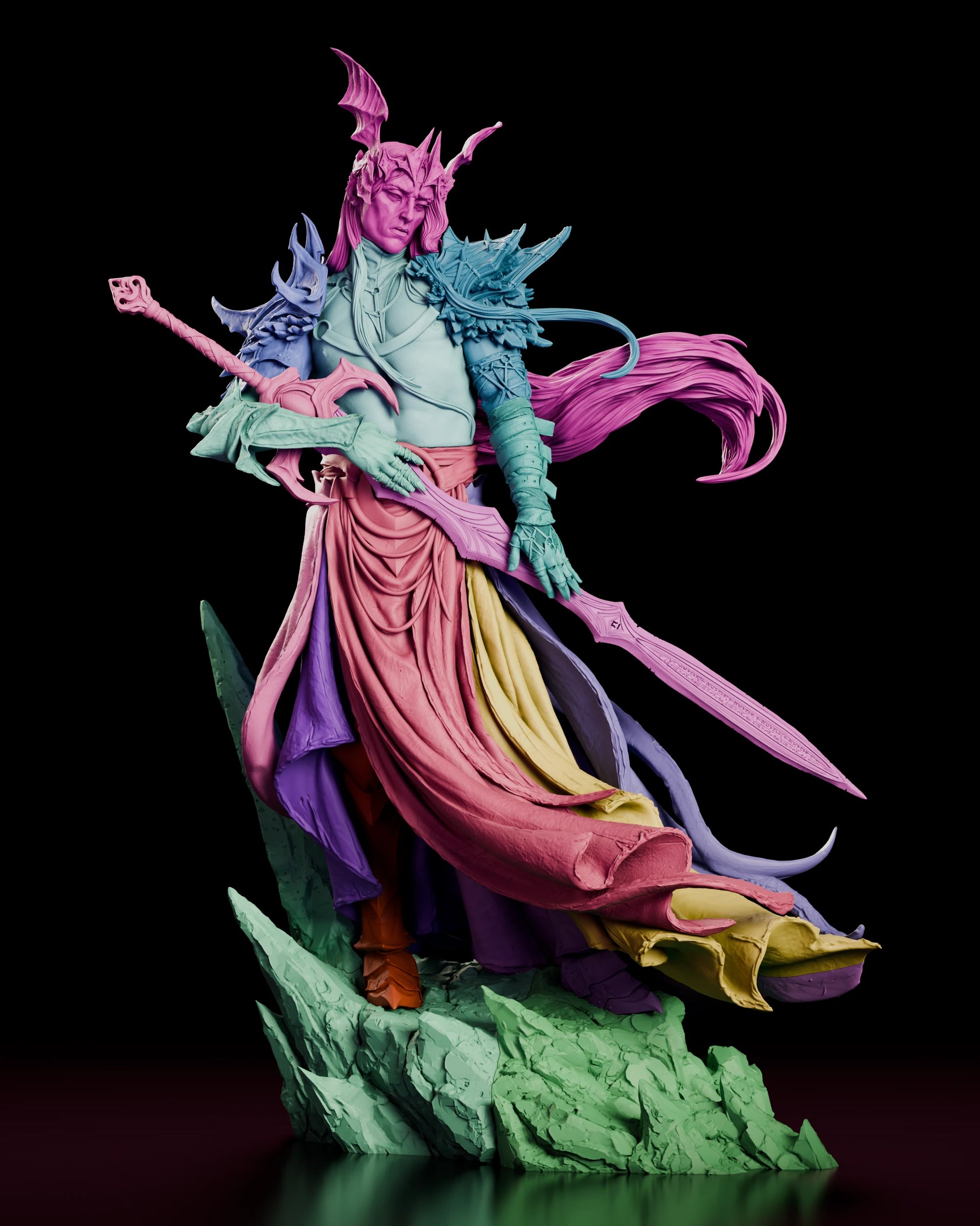 Parts breakdown render of The Pale Sorcerer-King figure model kit showing the head and crown, armoured torso, arms, the robed lower body, the sword, the mantle and the rock base as separate components