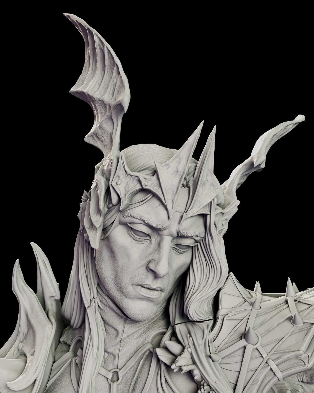 Portrait of The Pale Sorcerer-King figure model kit showing the gaunt sharp-boned face and long pointed ears beneath a finned crown of curved blades