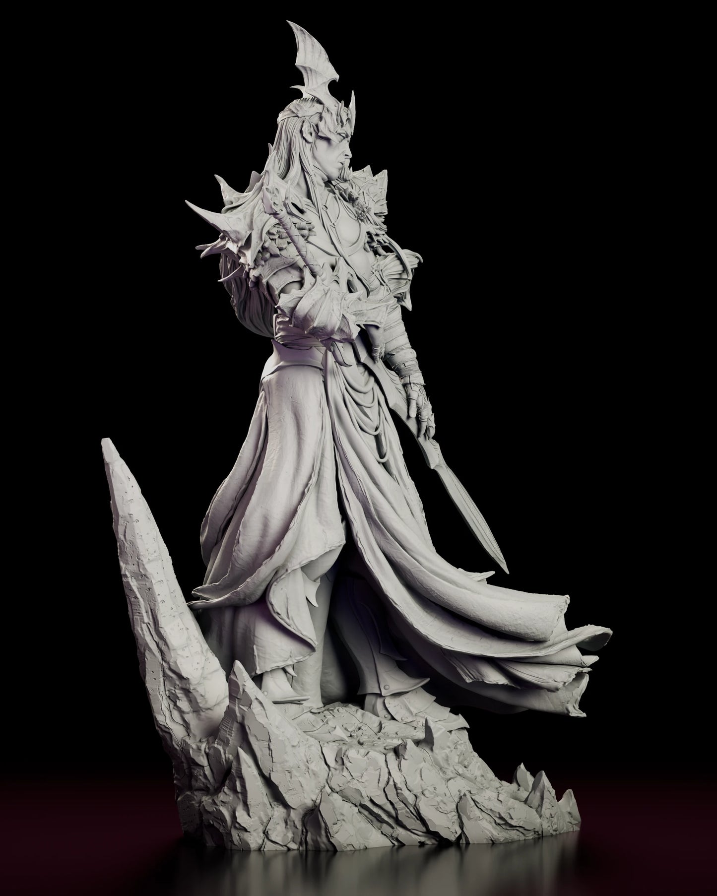 Right side view of The Pale Sorcerer-King figure model kit showing the spiked shoulder armour and the length of the blade held back from the body