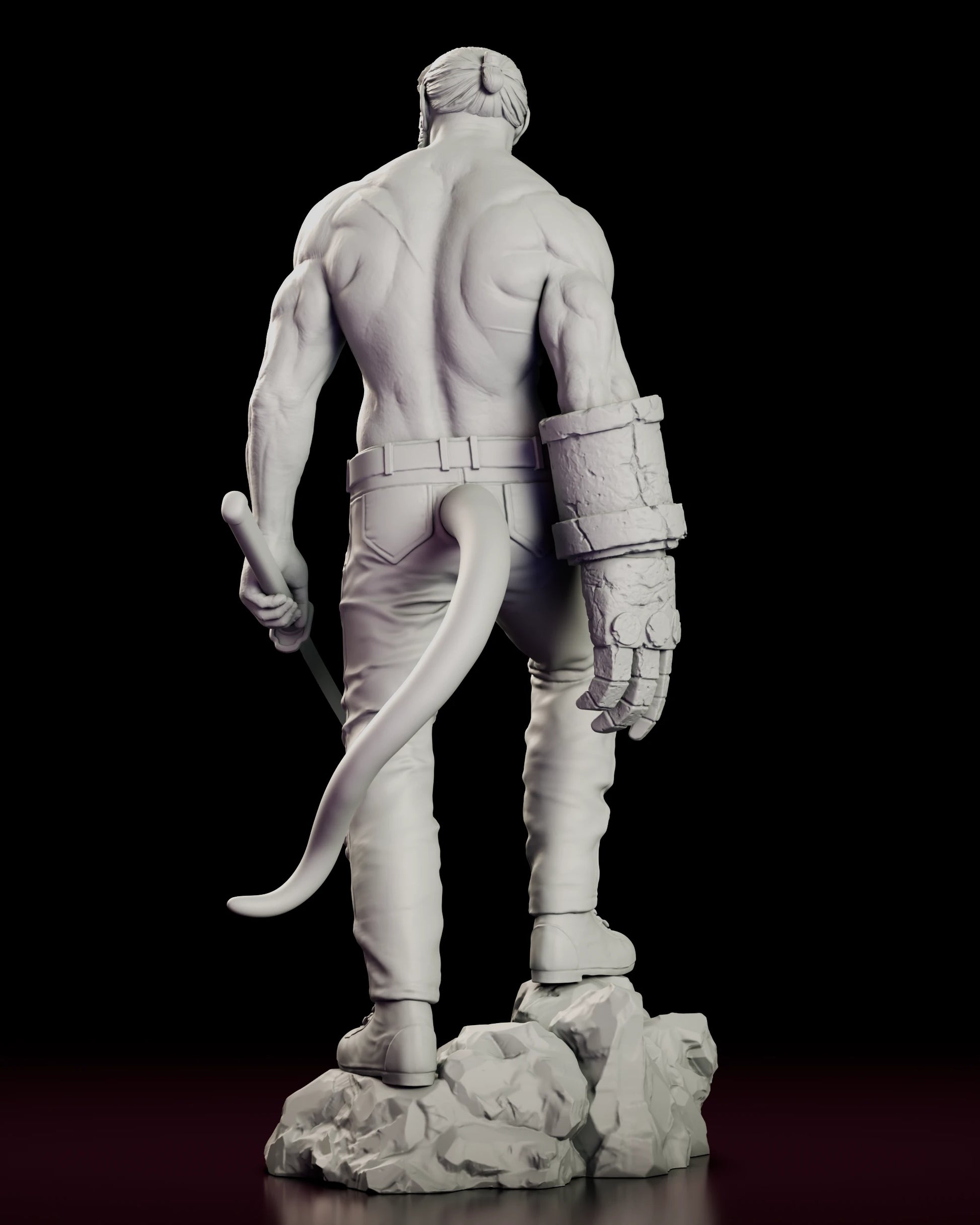 Rear view of the Right Hand of Doom - Hellboy figure model kit showing the broad sculpted back, the knotted hair, the belted trousers and the tail sweeping down across the rock base