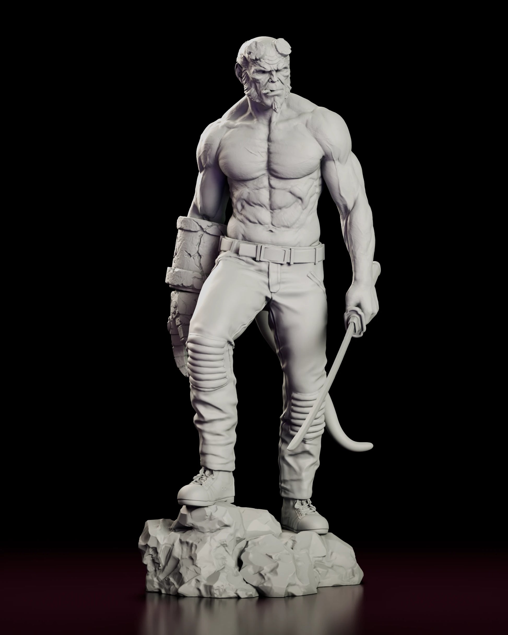 Front view of the Right Hand of Doom - Hellboy figure model kit standing with the stone hand hanging at one side and the curved blade held low in the other above the split rock base