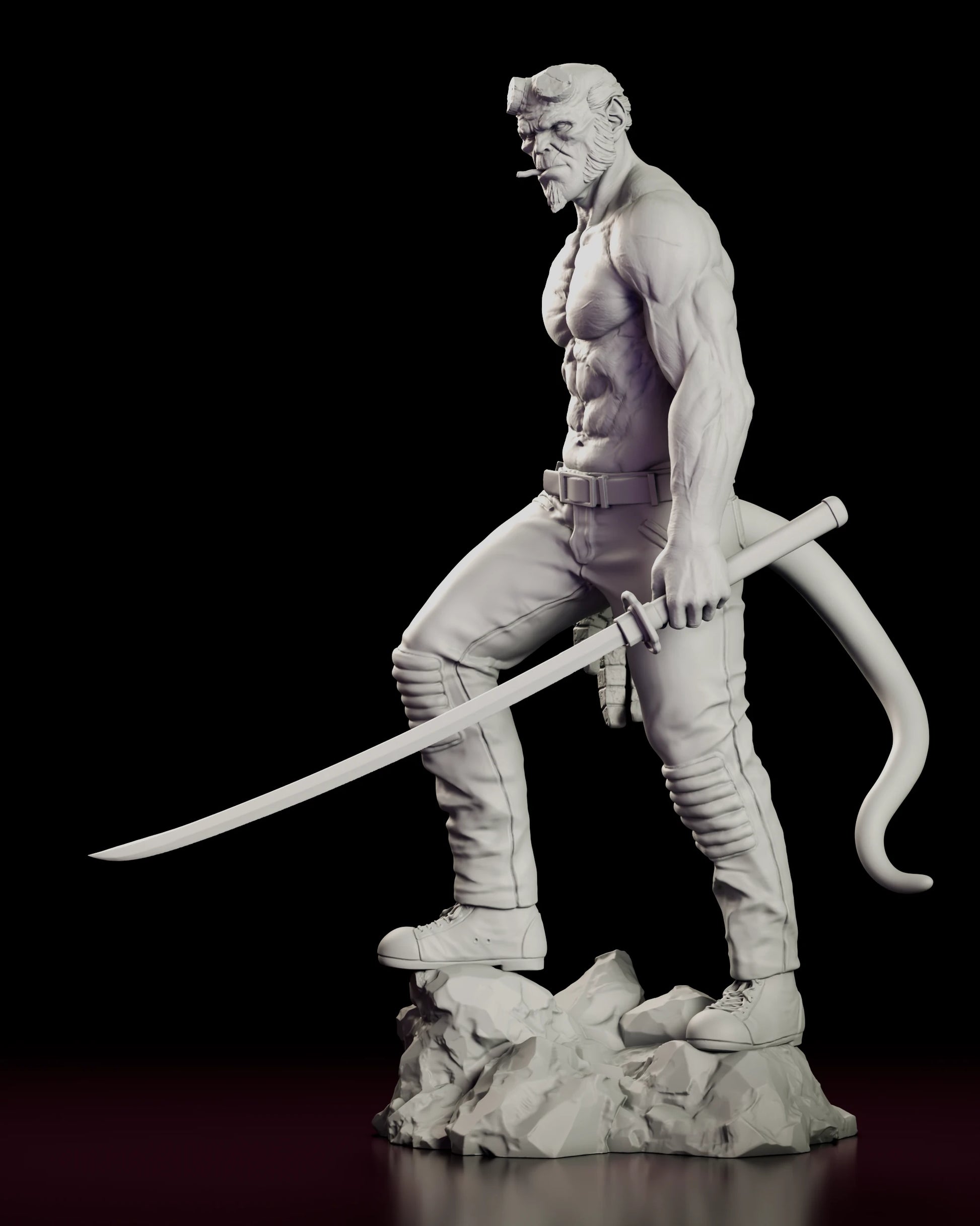 Left side view of the Right Hand of Doom - Hellboy figure model kit showing the sculpted chest and arm, the long slender blade and the tail curling out behind the legs