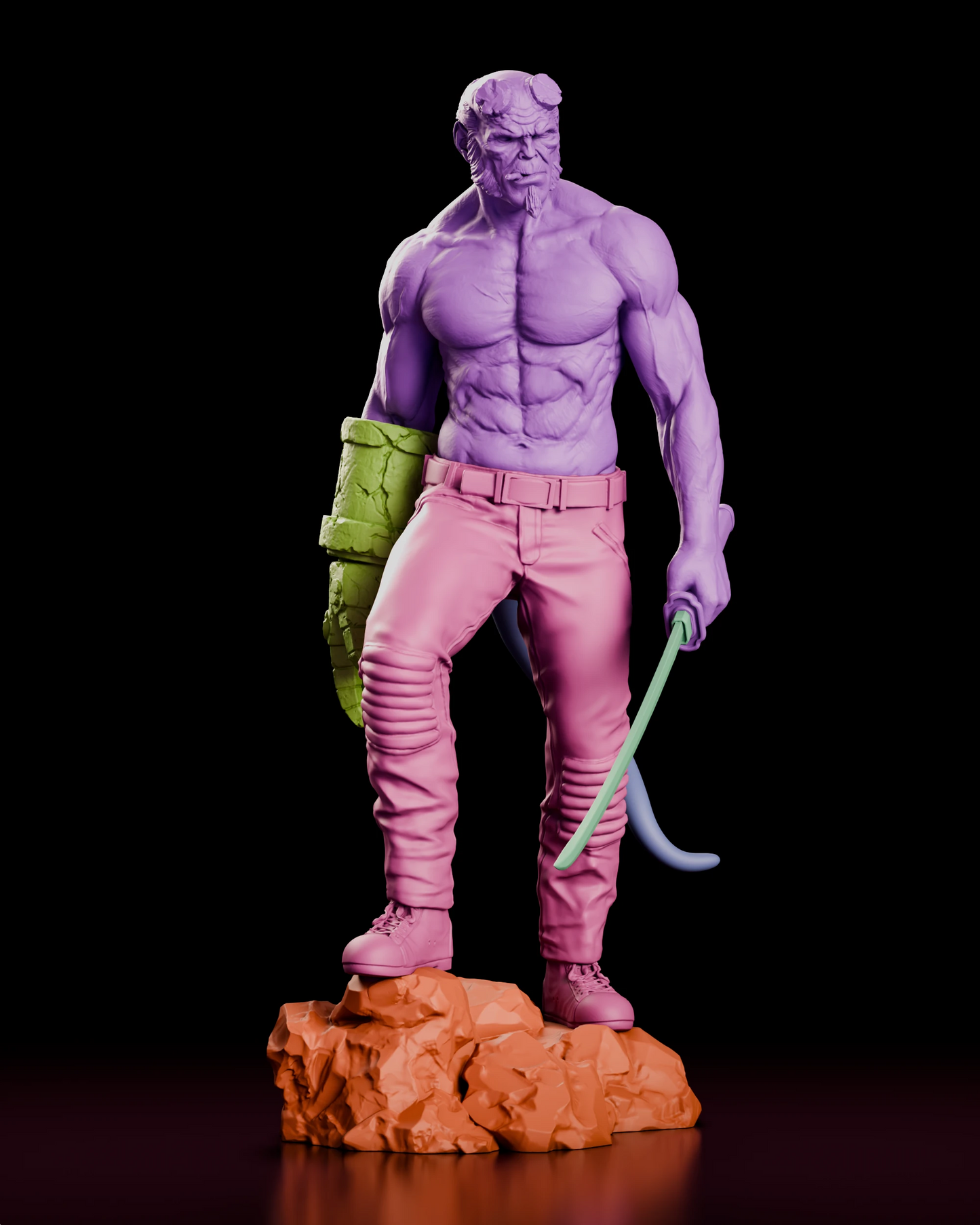 Parts breakdown of the Right Hand of Doom - Hellboy figure model kit with the head, torso, stone right hand, sword, trousers, tail, boots and broken rock base shown in separate colours