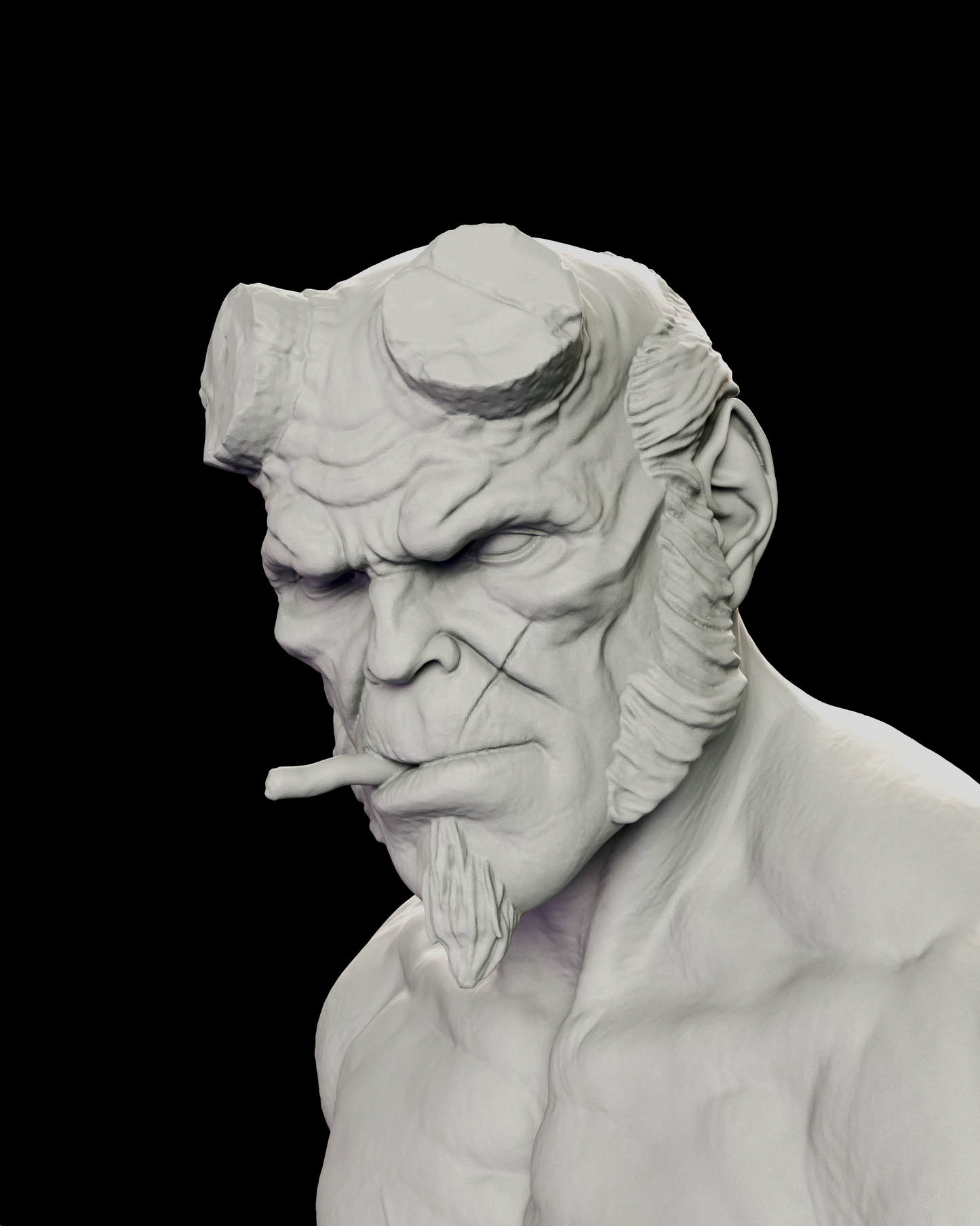Portrait detail of the Right Hand of Doom - Hellboy figure model kit, showing the filed horn stumps, the stacked brow creases, the wide sideburns and the cigar clamped in the corner of the mouth