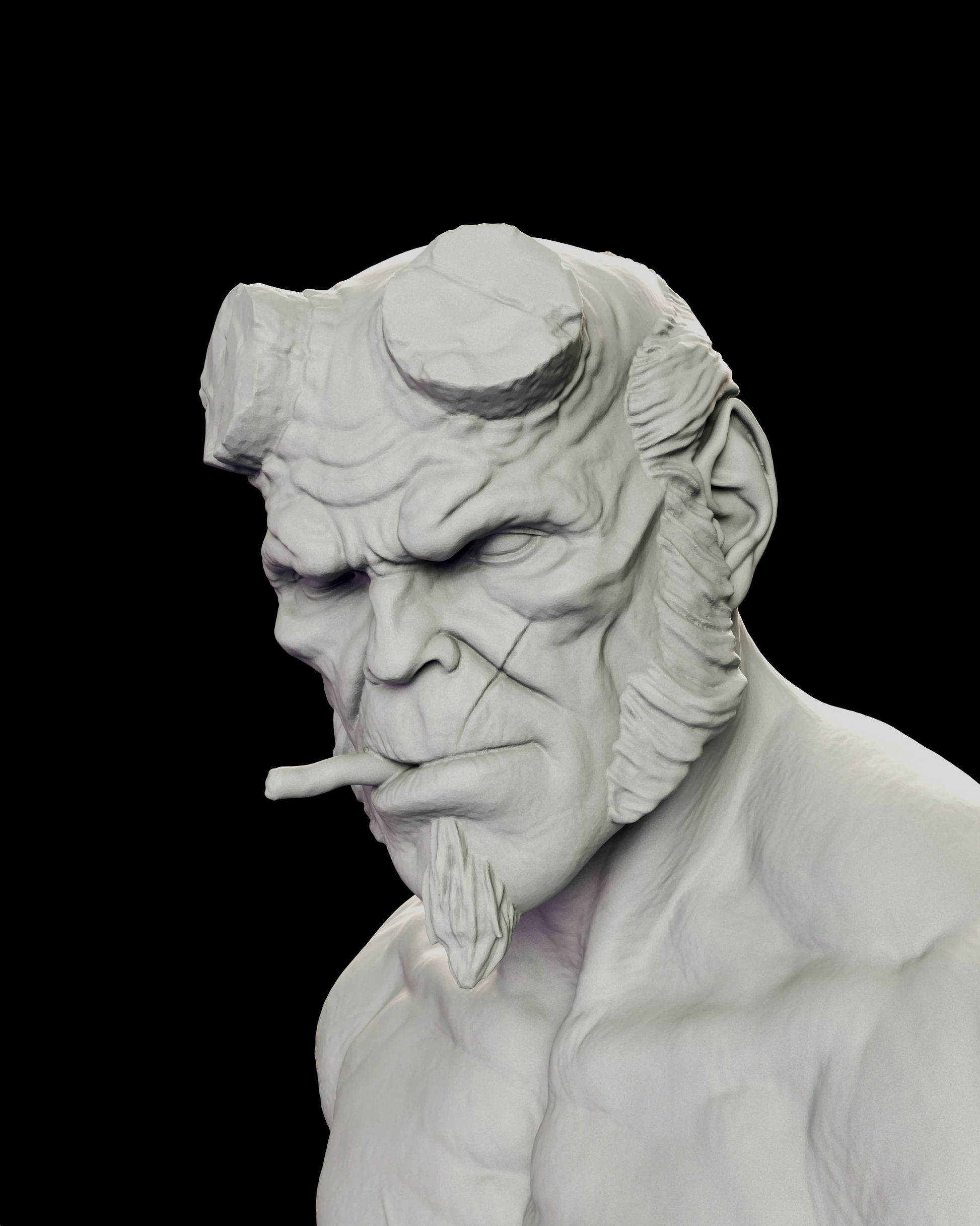 Portrait detail of the Right Hand of Doom - Hellboy figure model kit, showing the filed horn stumps, the stacked brow creases, the wide sideburns and the cigar clamped in the corner of the mouth