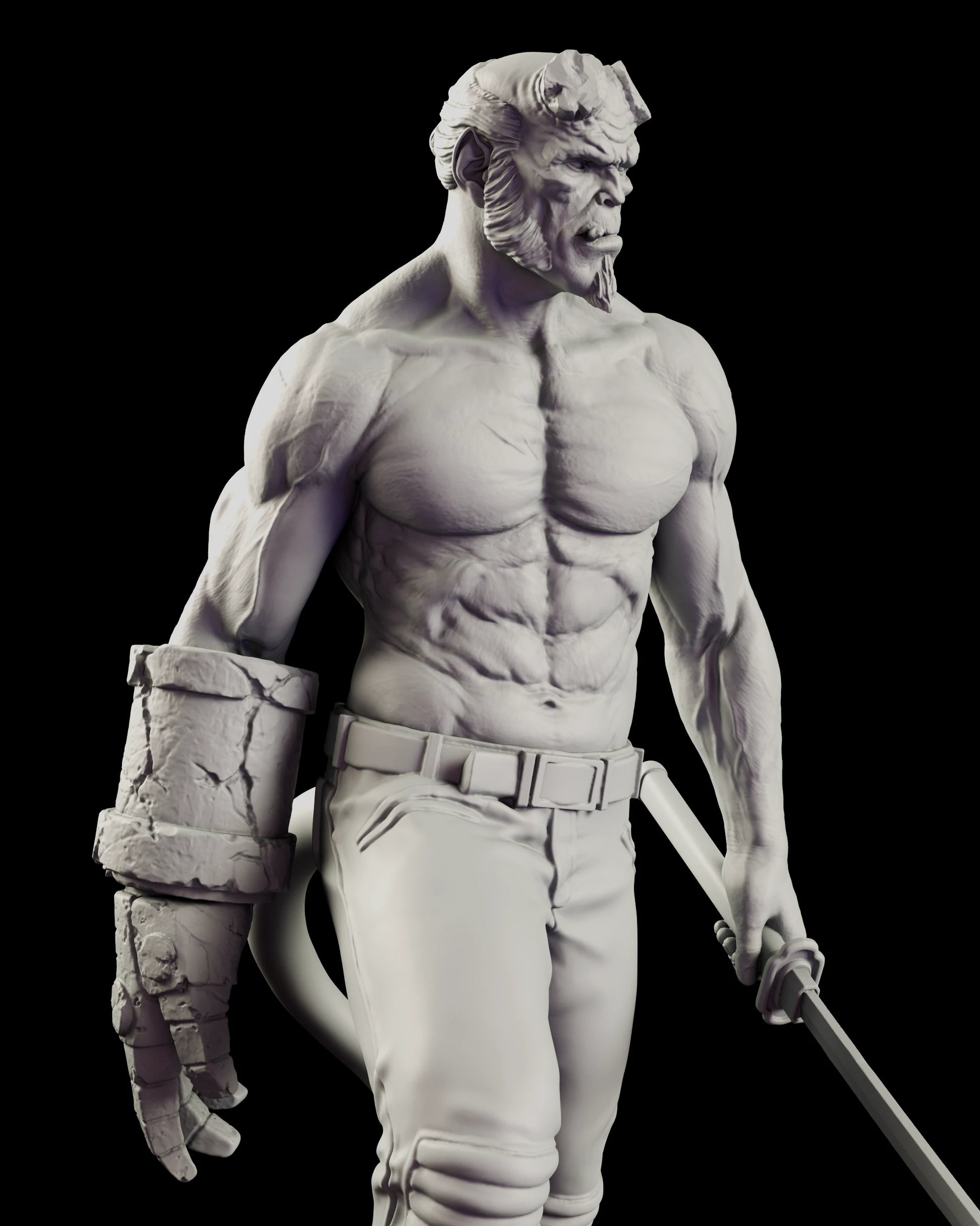 Close view of the upper body of the Right Hand of Doom - Hellboy figure model kit, showing the cracked plated stone gauntlet with its banded wrist, the cabled torso and the belted trousers