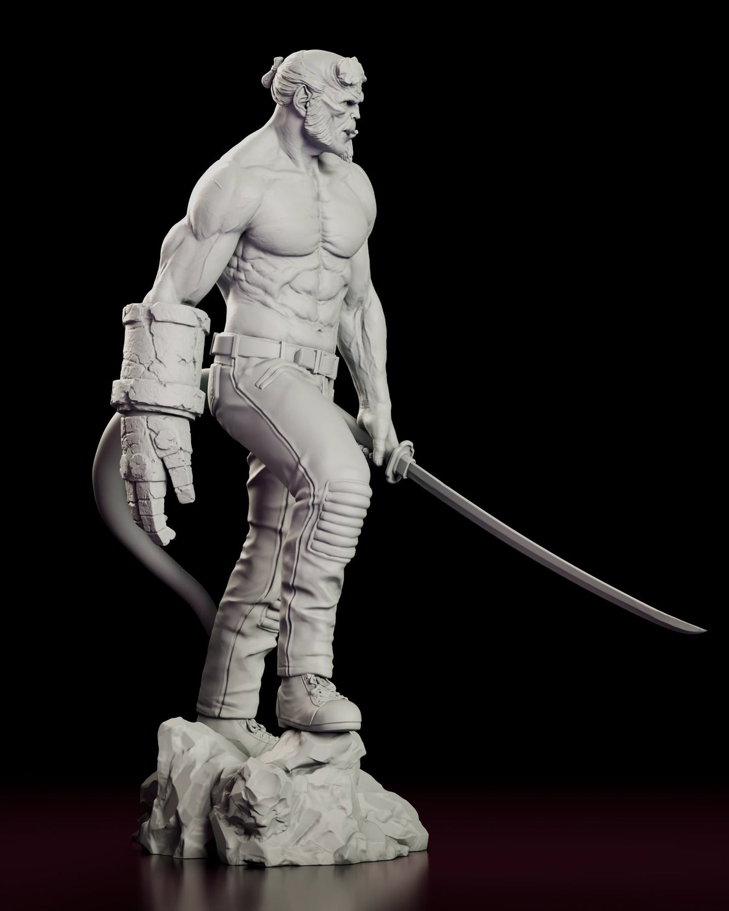 Right side view of the Right Hand of Doom - Hellboy figure model kit showing the full stone gauntlet in profile, the padded knee panels and the curved sword sweeping out clear of the base