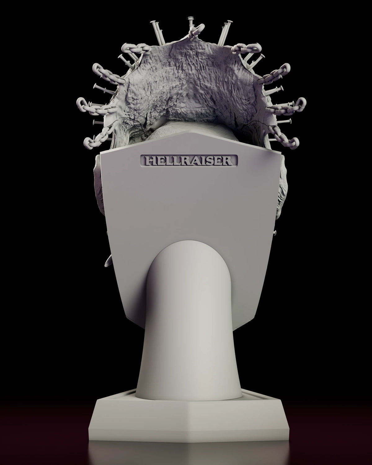 Back view of the Pinhead full scale bust figure model kit showing the chains and the Hellraiser lettering on the stand