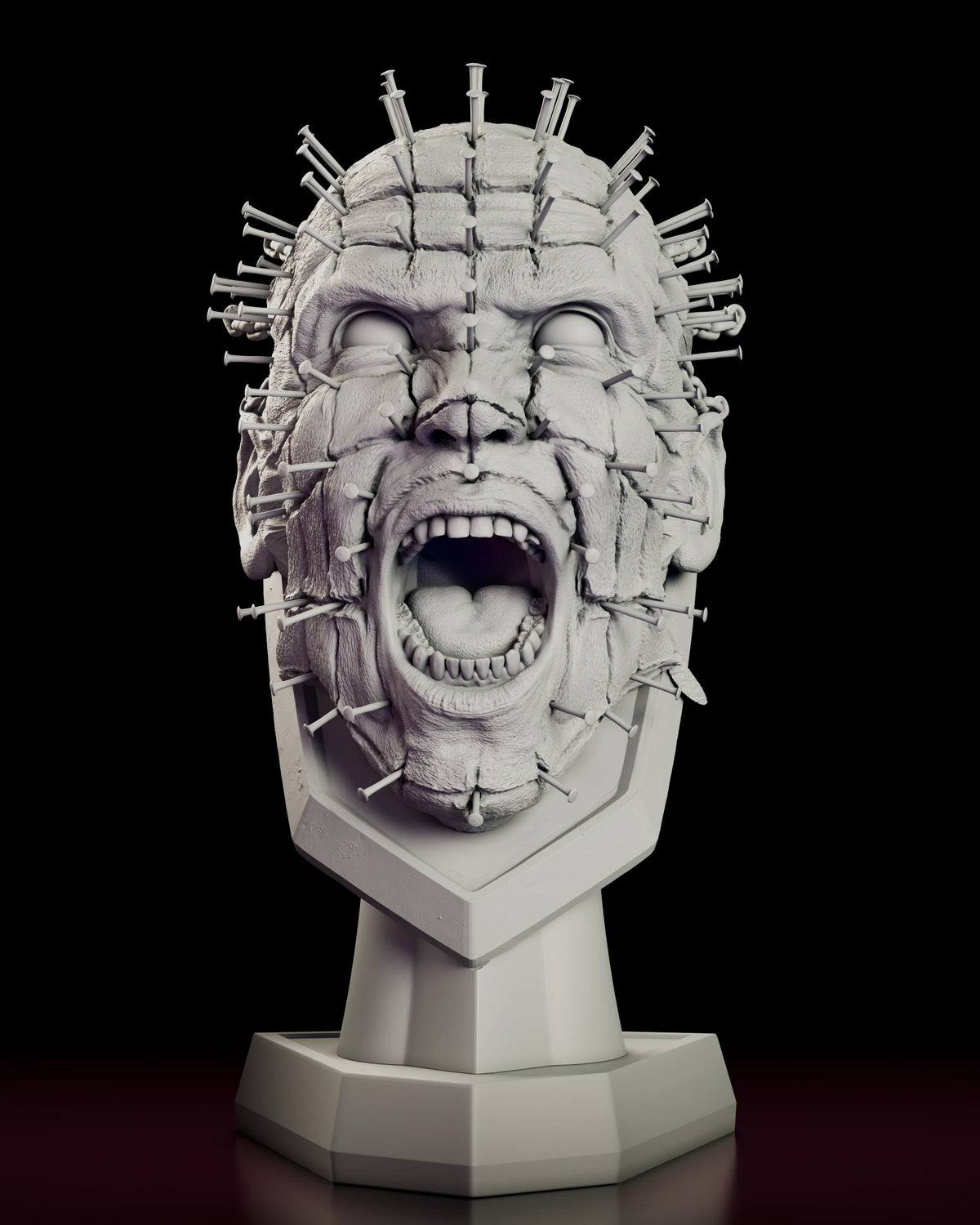 Front view of The Scream Pinhead Full Scale Bust figure model kit screaming on an angled plaque stand