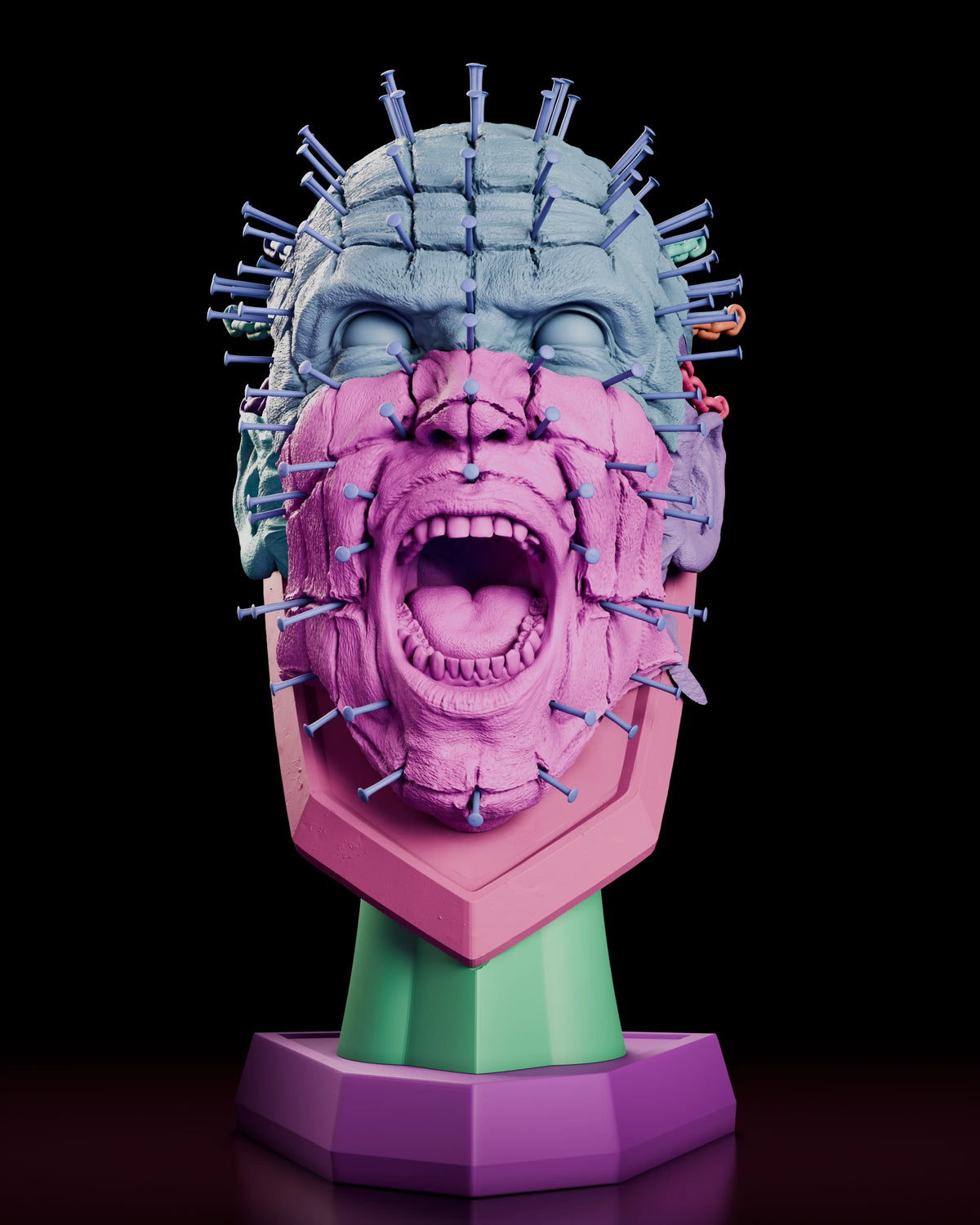 Parts breakdown of the Pinhead full scale bust figure model kit with head, plaque and pedestal shown in separate colours