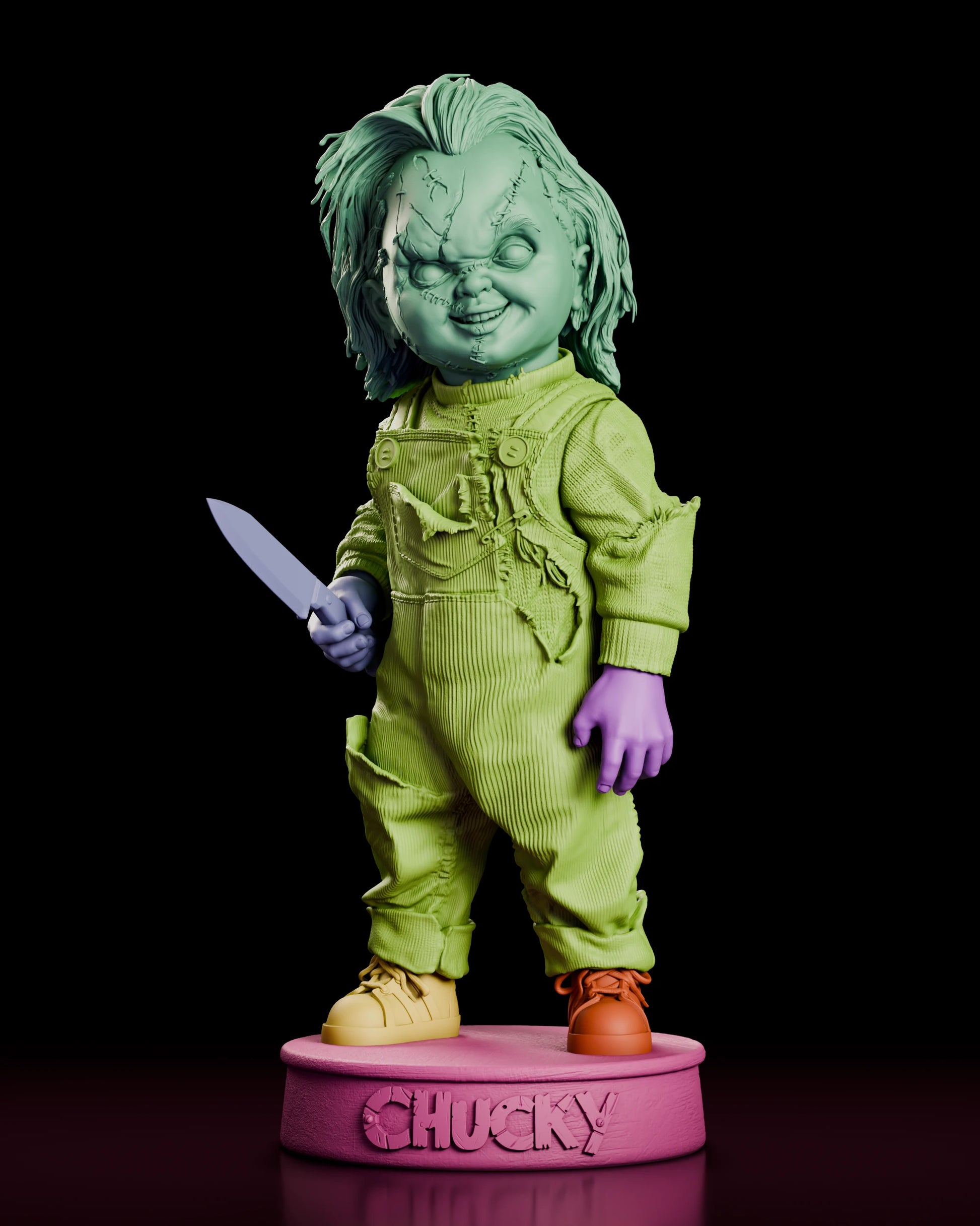 Parts breakdown of the Chucky resin kit with the head, body, hands, shoes and base shown in separate colours