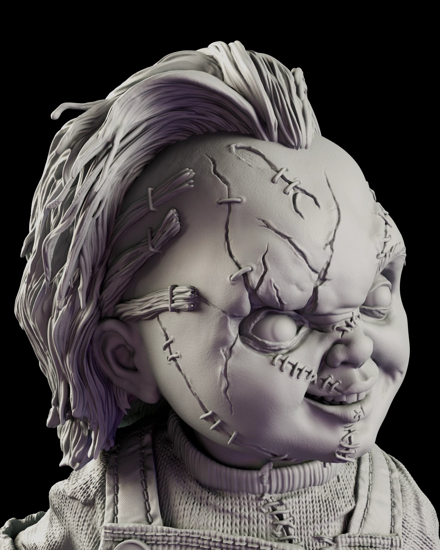 Portrait detail of Chucky's stitched face showing split plastic, staples and sutures across the cheek and brow