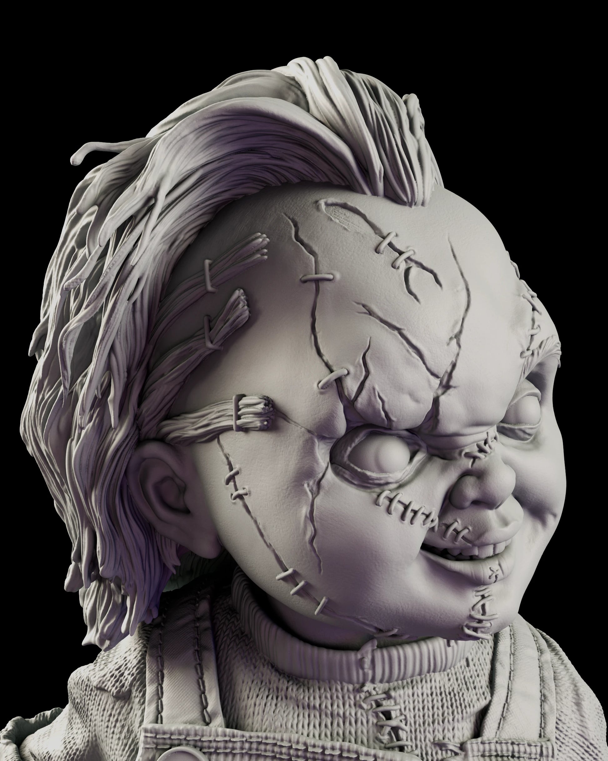 Portrait detail of Chucky's stitched face showing split plastic, staples and sutures across the cheek and brow
