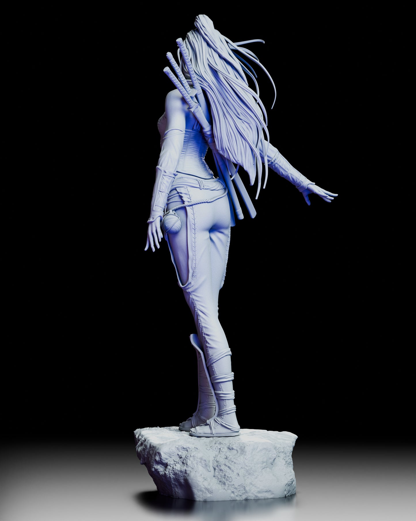Rear three-quarter view of The Silent Katana Asian warrior resin figure kit, showing flowing hair, multiple katanas, and the rocky display base.