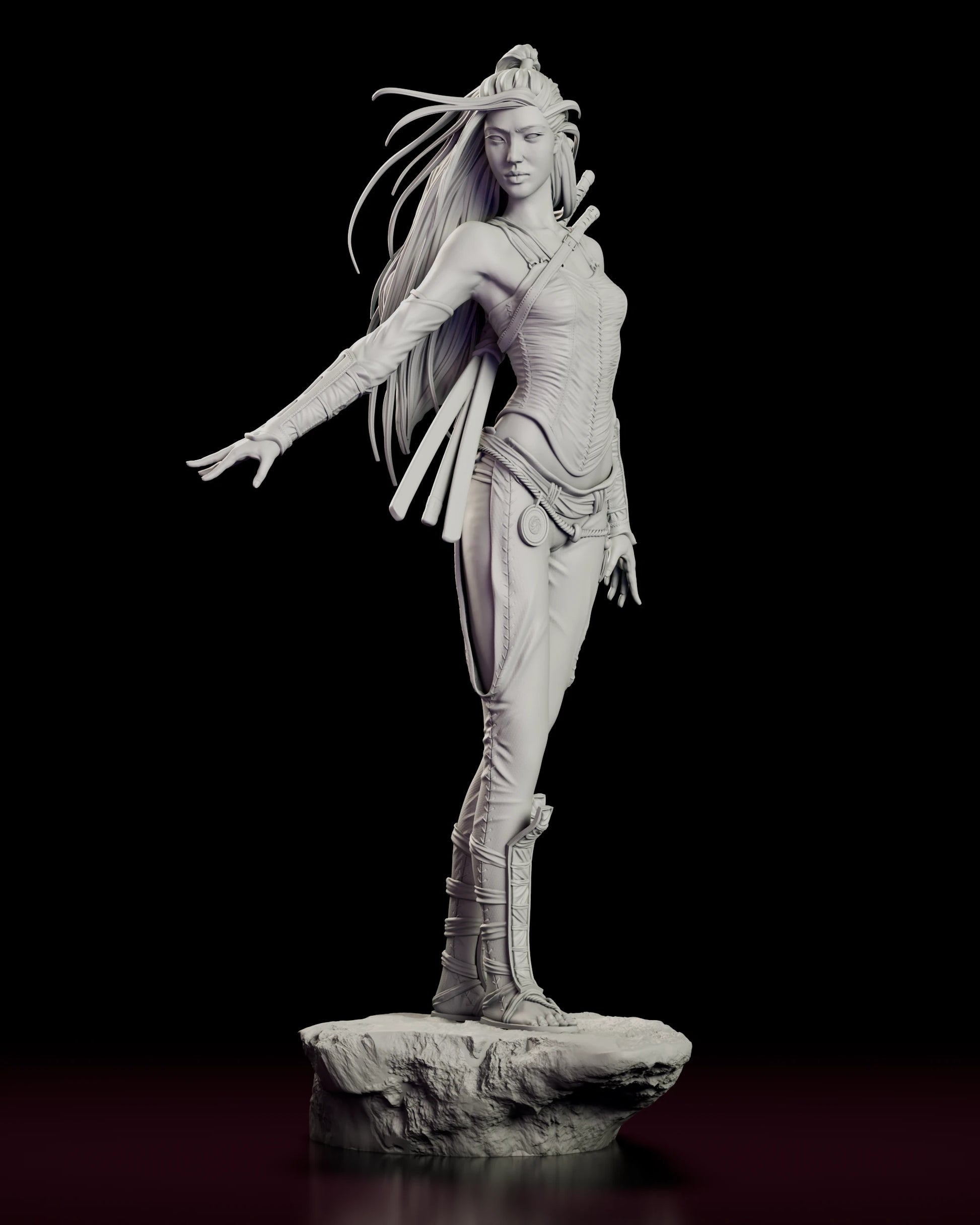 Front view of The Silent Katana figure model kit standing in a turning pose with one bare hand open at her side and three blades sheathed across her back