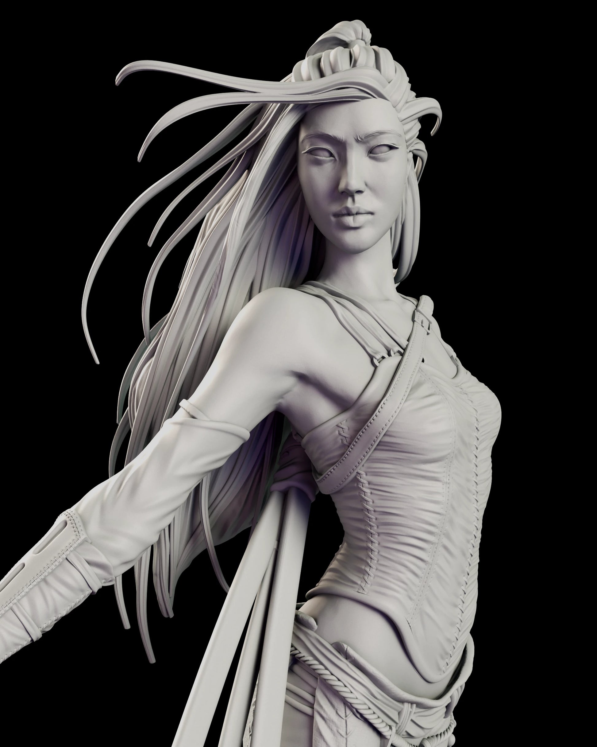 Close view of The Silent Katana figure model kit showing the cross-laced bodice, the fingerless leather sleeve running down the forearm and the sweep of loose hair