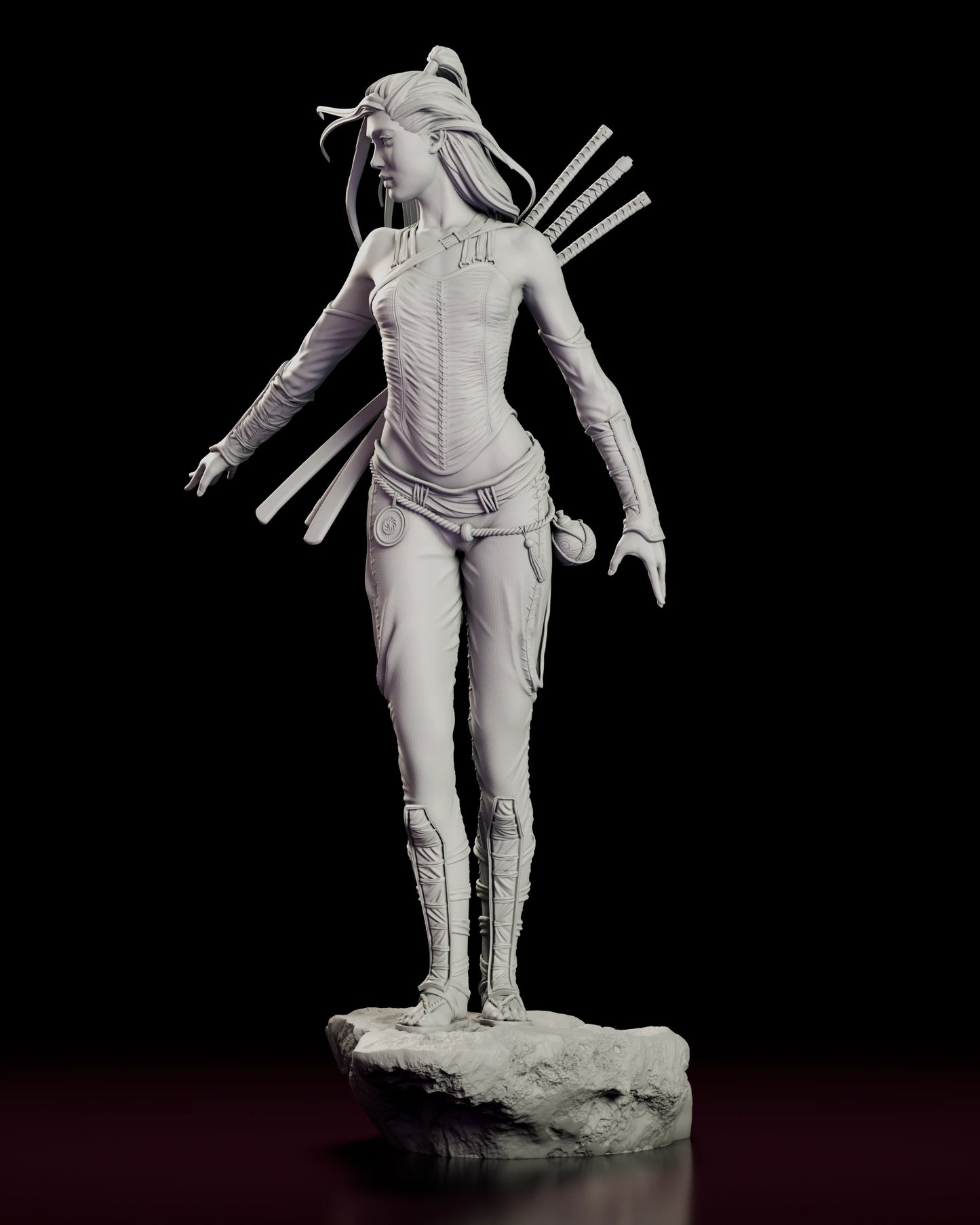 Left side view of The Silent Katana figure model kit showing the open trailing hand, the corded hip wrap with its knotted weight and the strapped sandals