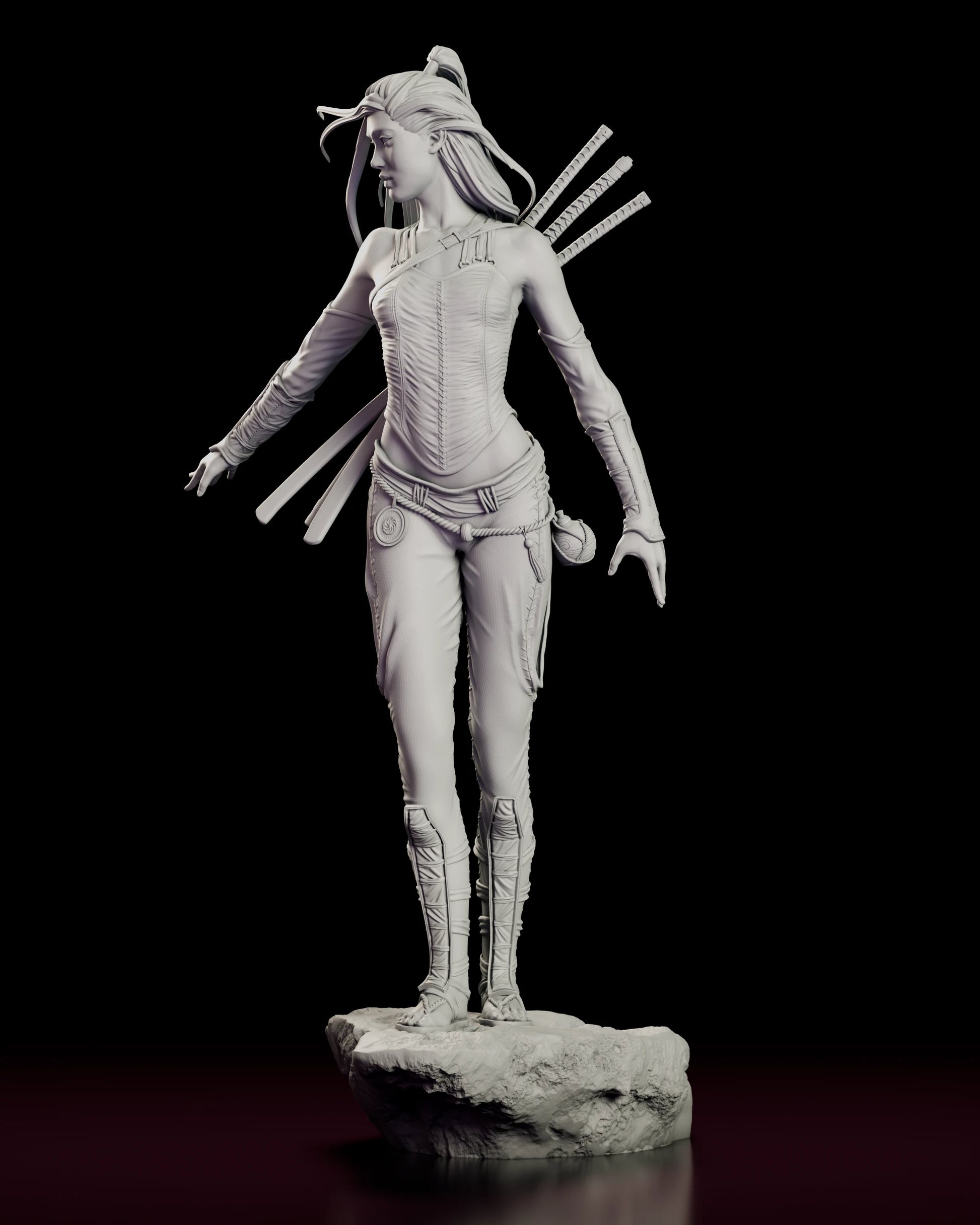 Left side view of The Silent Katana figure model kit showing the open trailing hand, the corded hip wrap with its knotted weight and the strapped sandals