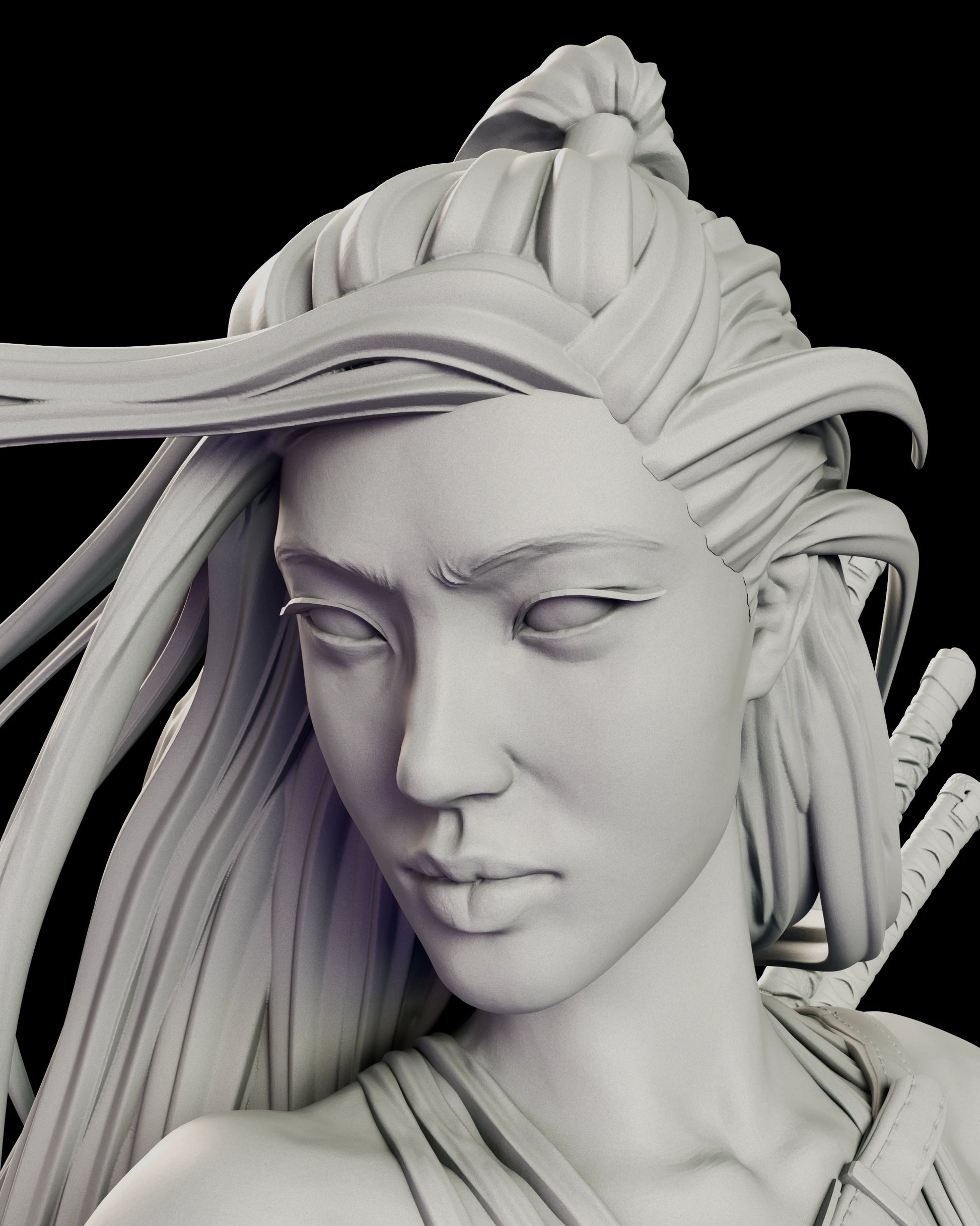 Portrait view of The Silent Katana figure model kit showing the composed downward gaze, the wrapped topknot and a sword hilt rising past the shoulder