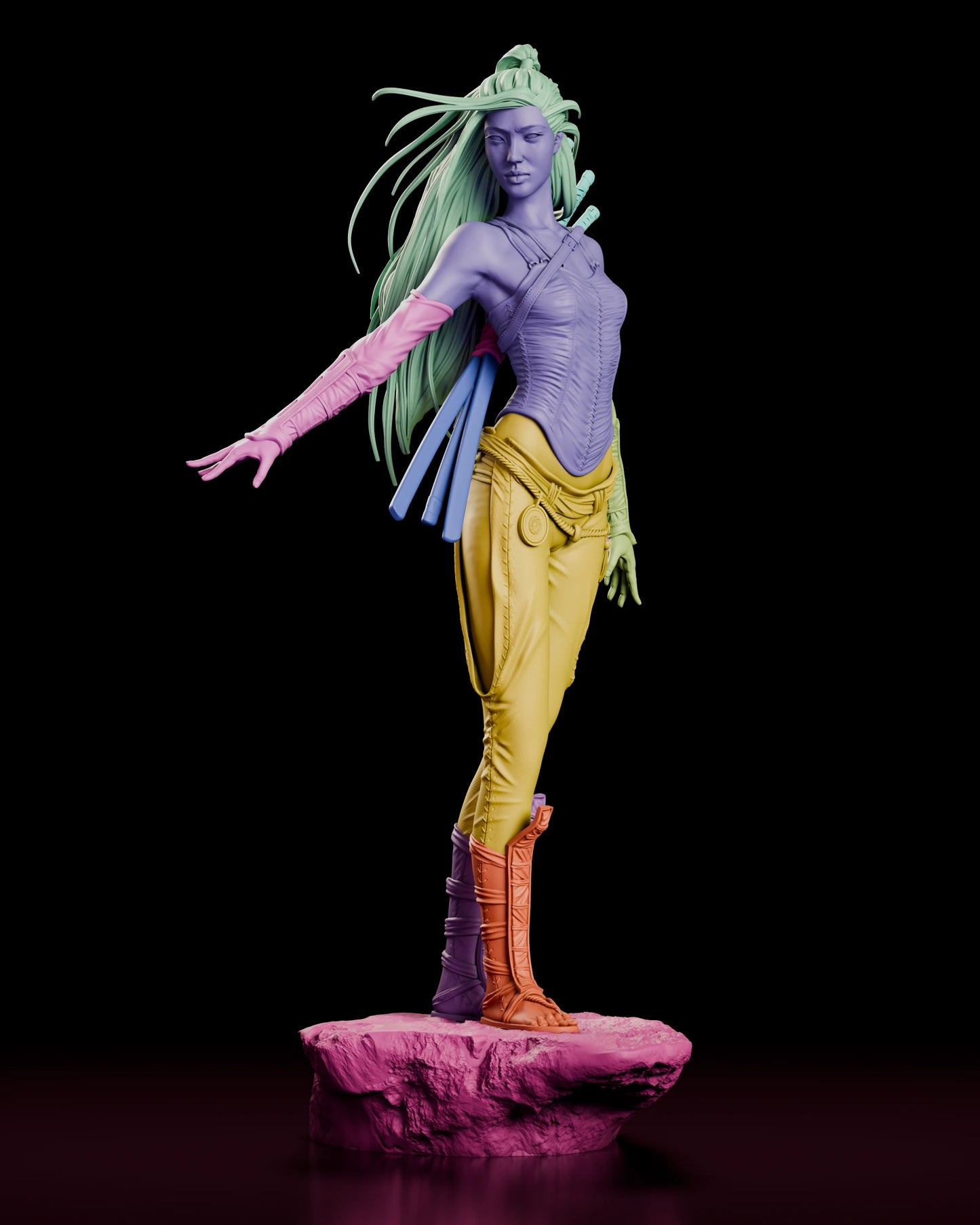 Parts breakdown of The Silent Katana figure model kit with each component shown in a separate color, including head, hair, torso, arms, legs, blades and base