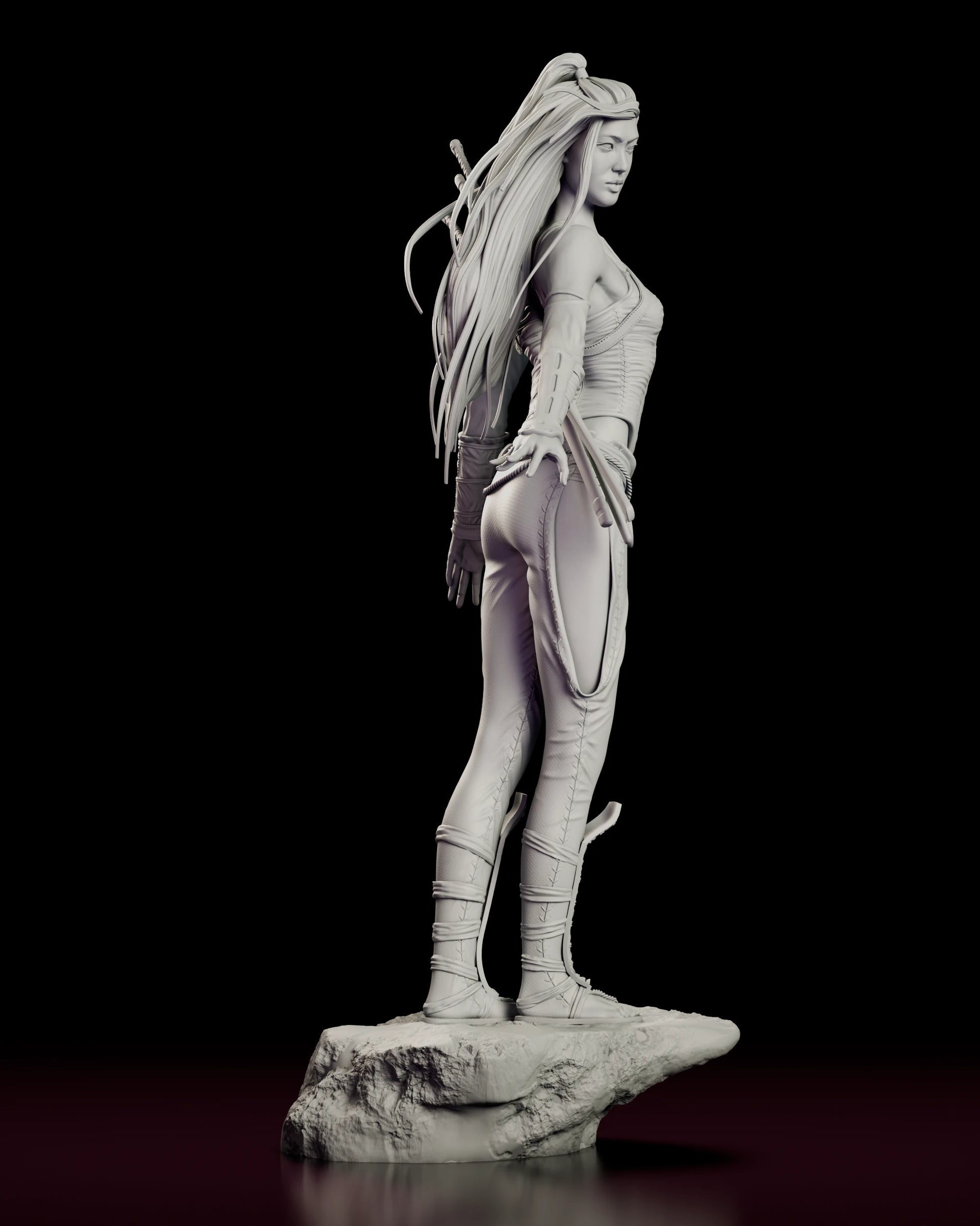 Right side view of The Silent Katana figure model kit showing the three sword hilts over the shoulder and the laced seams running down the leg