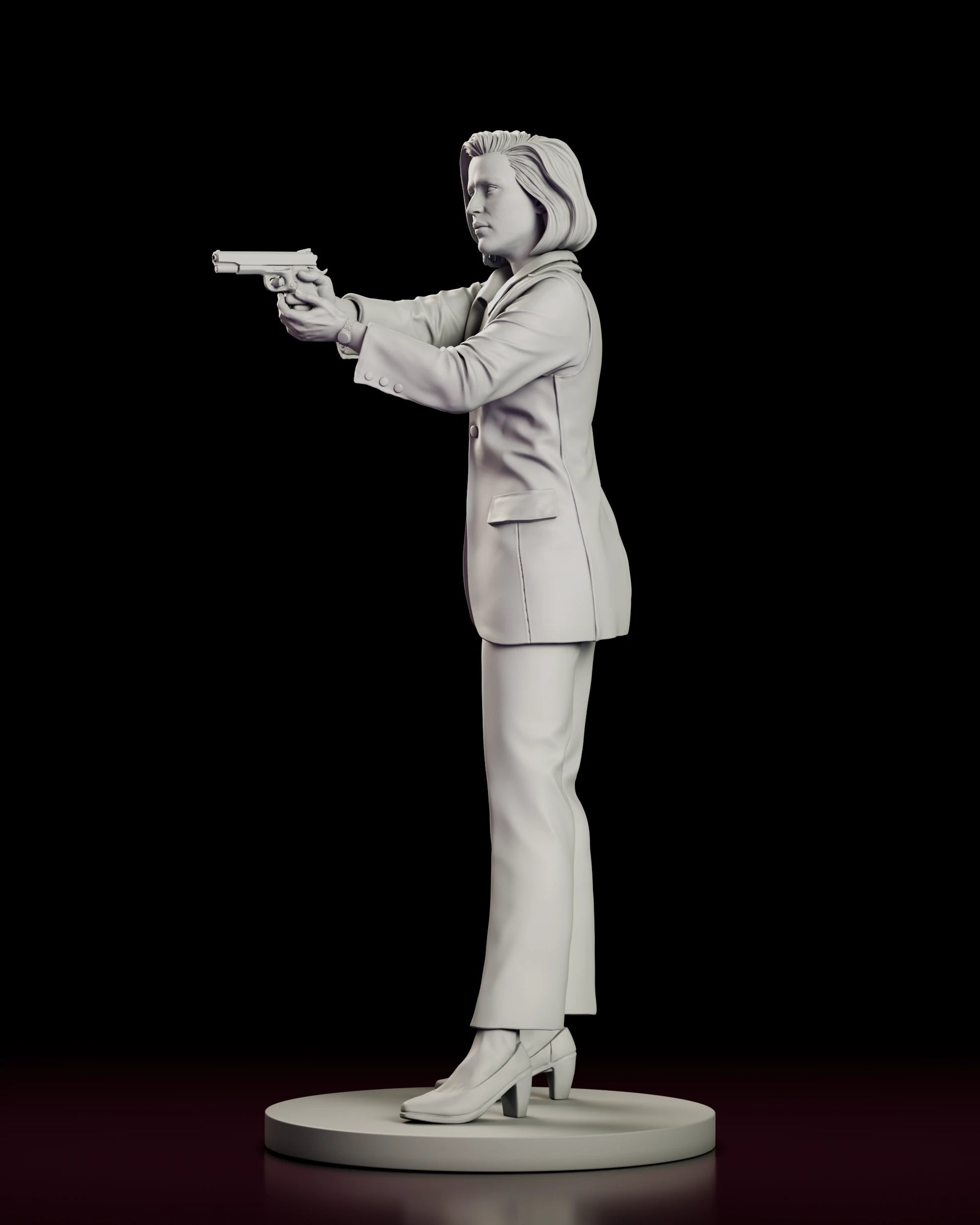 Left side view of the Dana Scully figure model kit showing the shoulder line of the suit and the block-heeled shoes on the round base