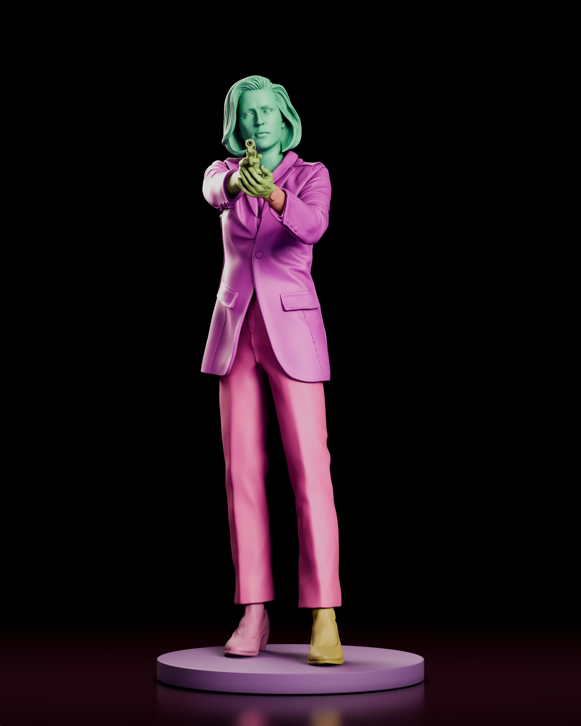 Parts breakdown render of the Dana Scully figure model kit showing the head, suited torso, both arms, both legs, the sidearm and the round base as separate components