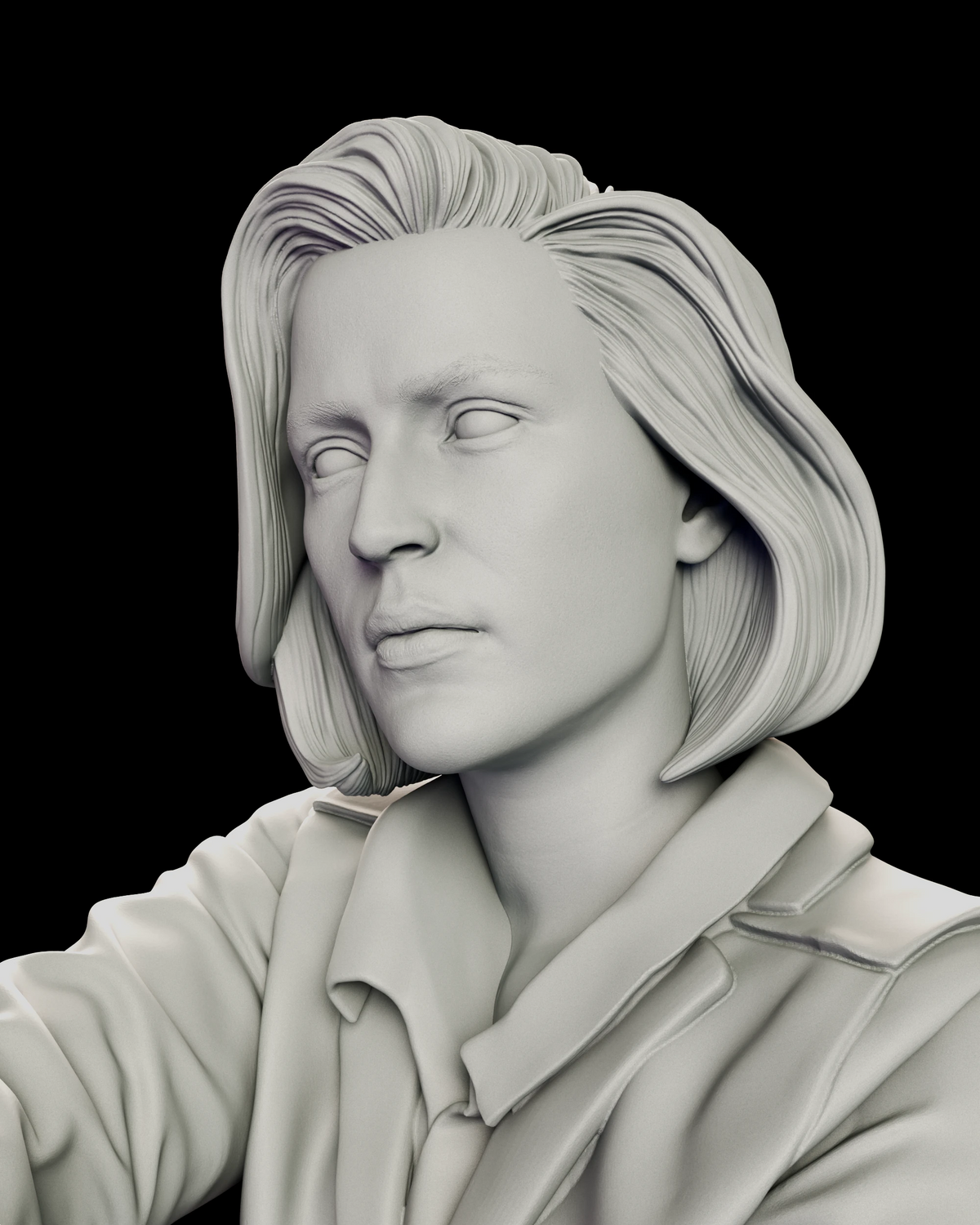Portrait of the Dana Scully figure model kit with the brows drawn in and the mouth set beneath a chin-length bob