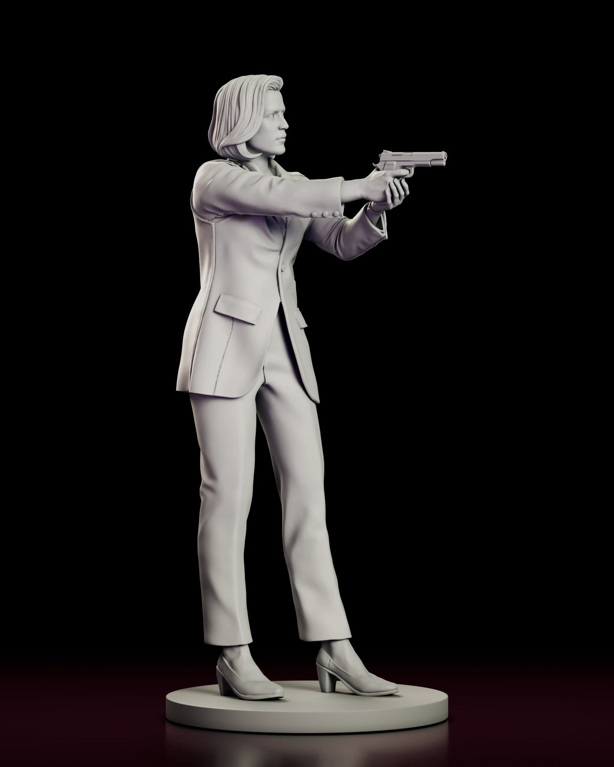 Right side view of the Dana Scully figure model kit showing the extended arms and the fall of the blazer over straight trousers