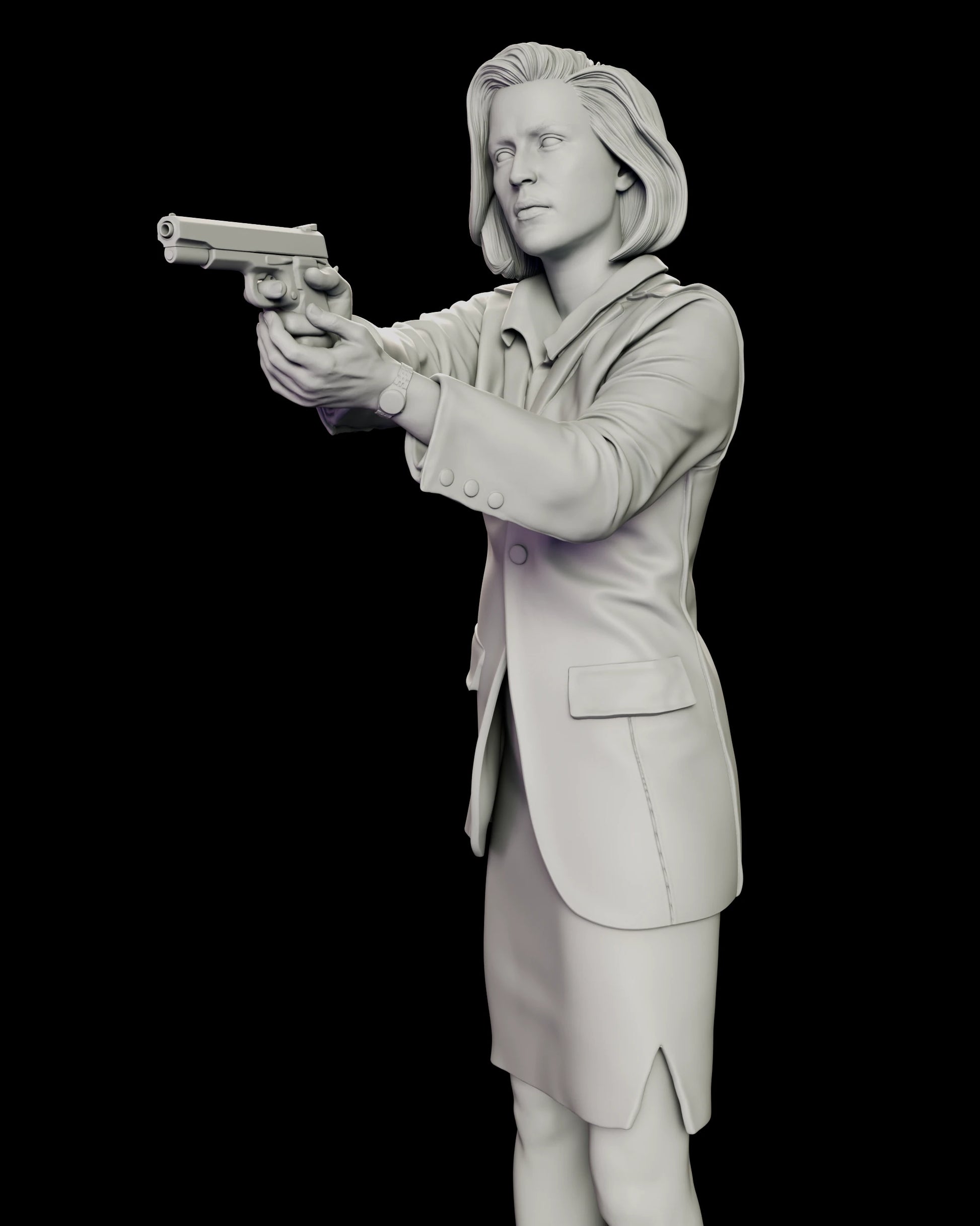 Upper body detail of the Dana Scully figure model kit showing the braced two-handed grip on the sidearm, the wristwatch at the cuff and the turned-out shirt collar
