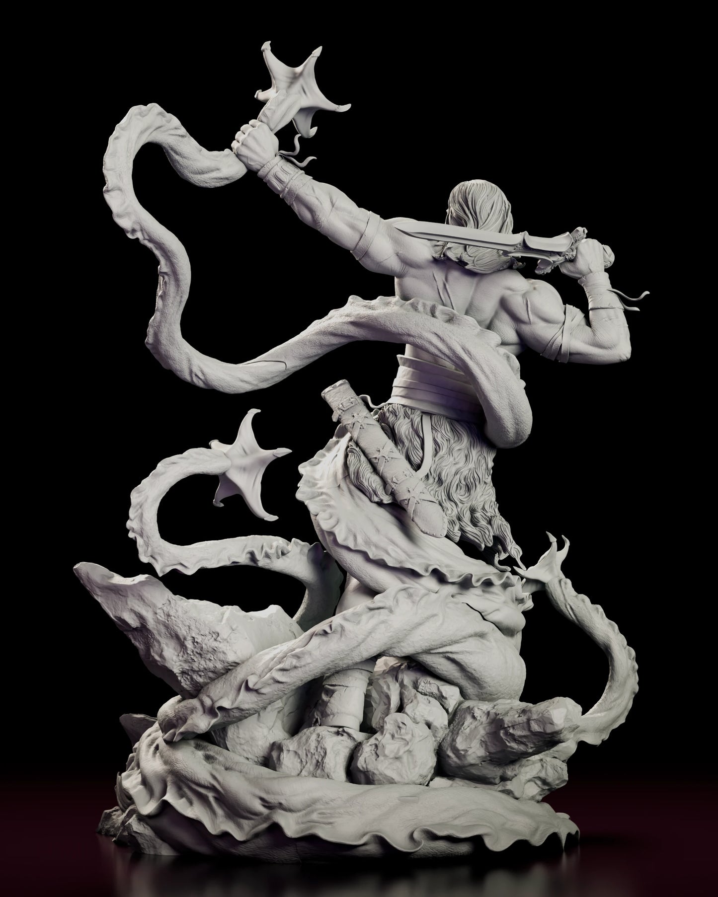 Rear view of the Tentacled Horror Conan figure model kit showing the twisted back and shoulders, the fall of the fur loincloth and the tentacles closing in behind the rock