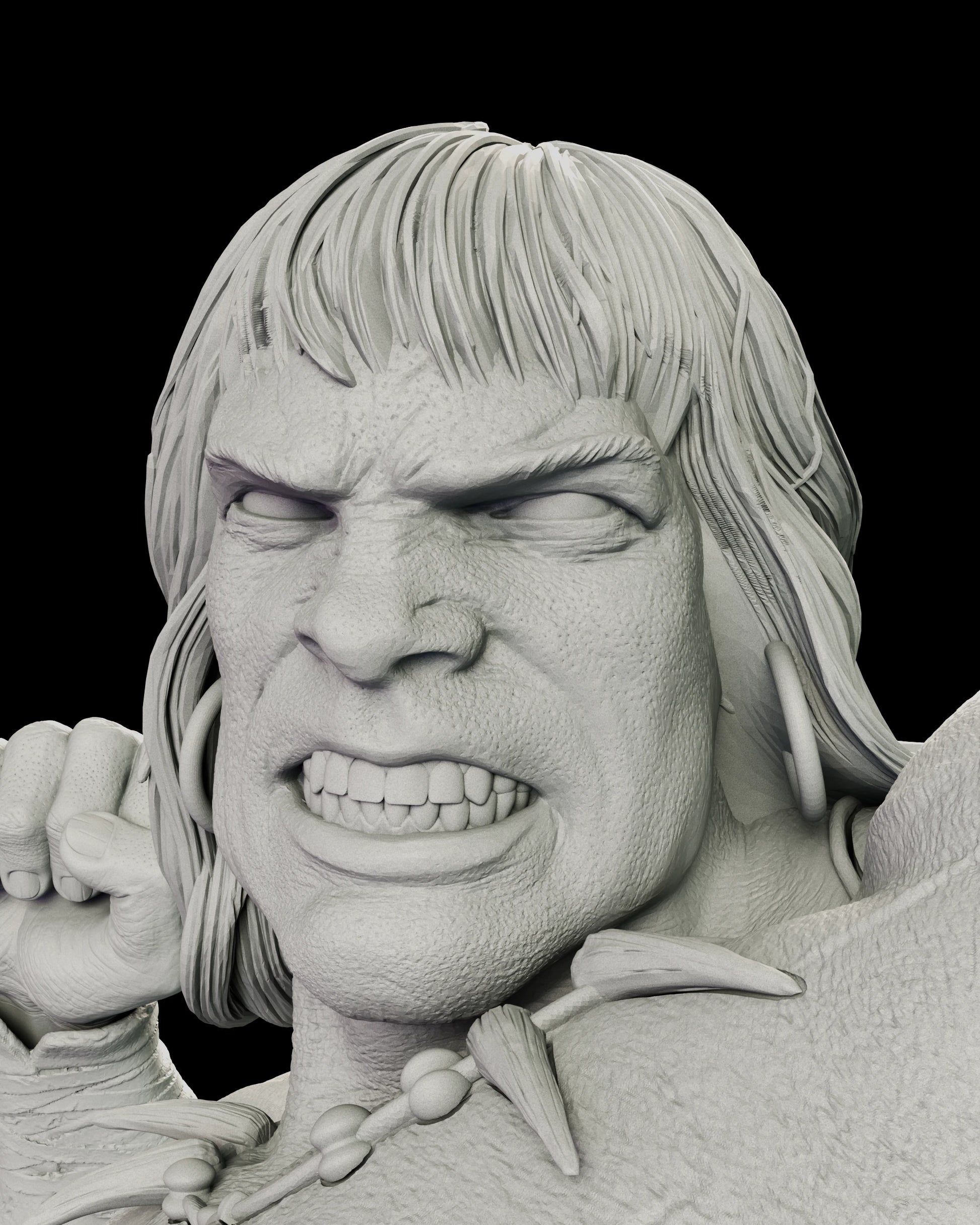 Portrait detail of the Tentacled Horror Conan figure model kit showing bared teeth beneath a low brow, long hair swept back from the face and a cord medallion at the throat