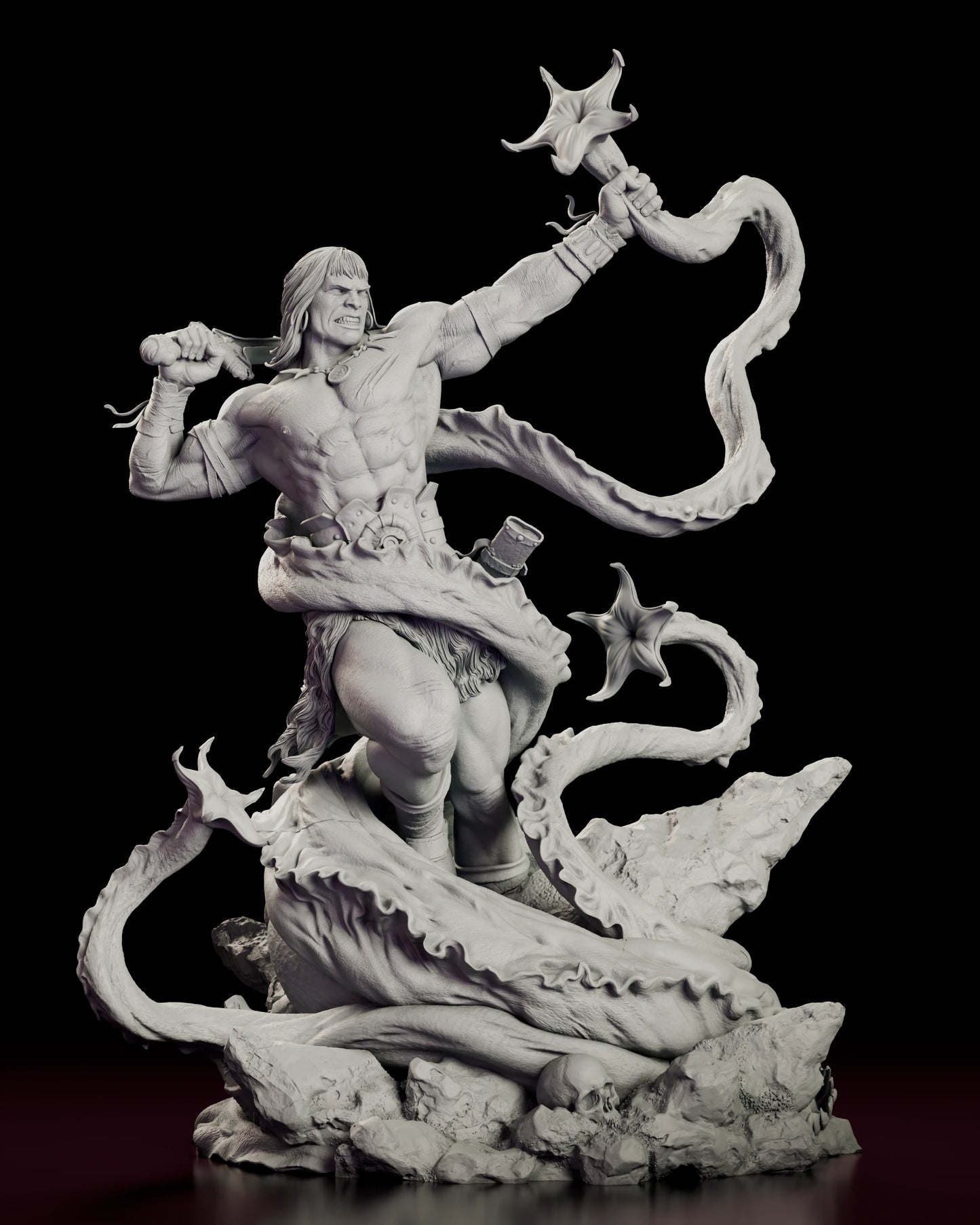 Front view of the Tentacled Horror Conan figure model kit with the barbarian twisting between a low drawn blade and a raised captured tentacle while the creature coils around the rock beneath him