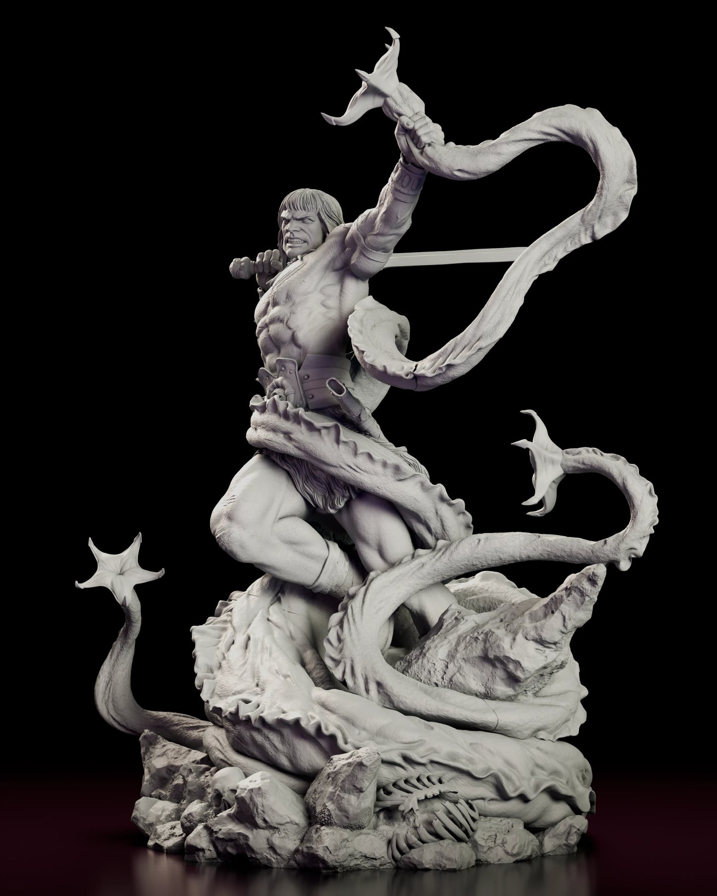Left side view of the Tentacled Horror Conan figure model kit showing the raised arm in profile, the buckled belt with its dagger sheath and drinking horn, and the coils crossing the base