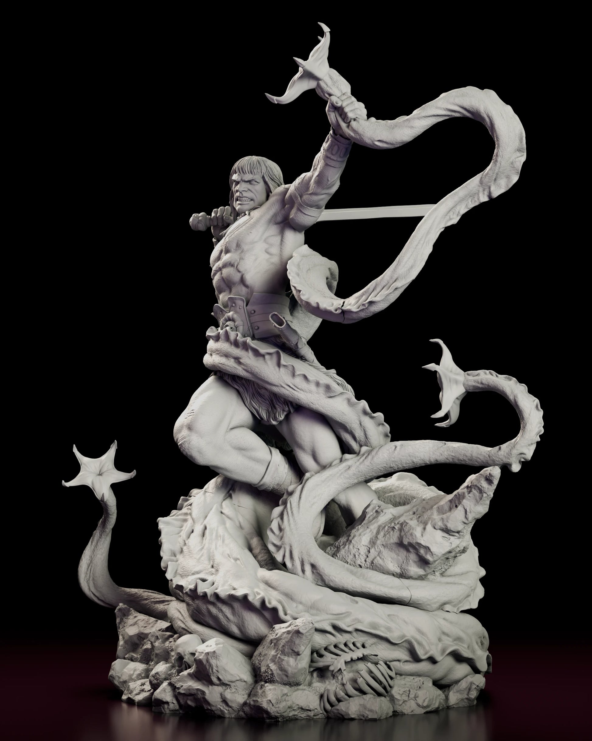 Left side view of the Tentacled Horror Conan figure model kit showing the raised arm in profile, the buckled belt with its dagger sheath and drinking horn, and the coils crossing the base
