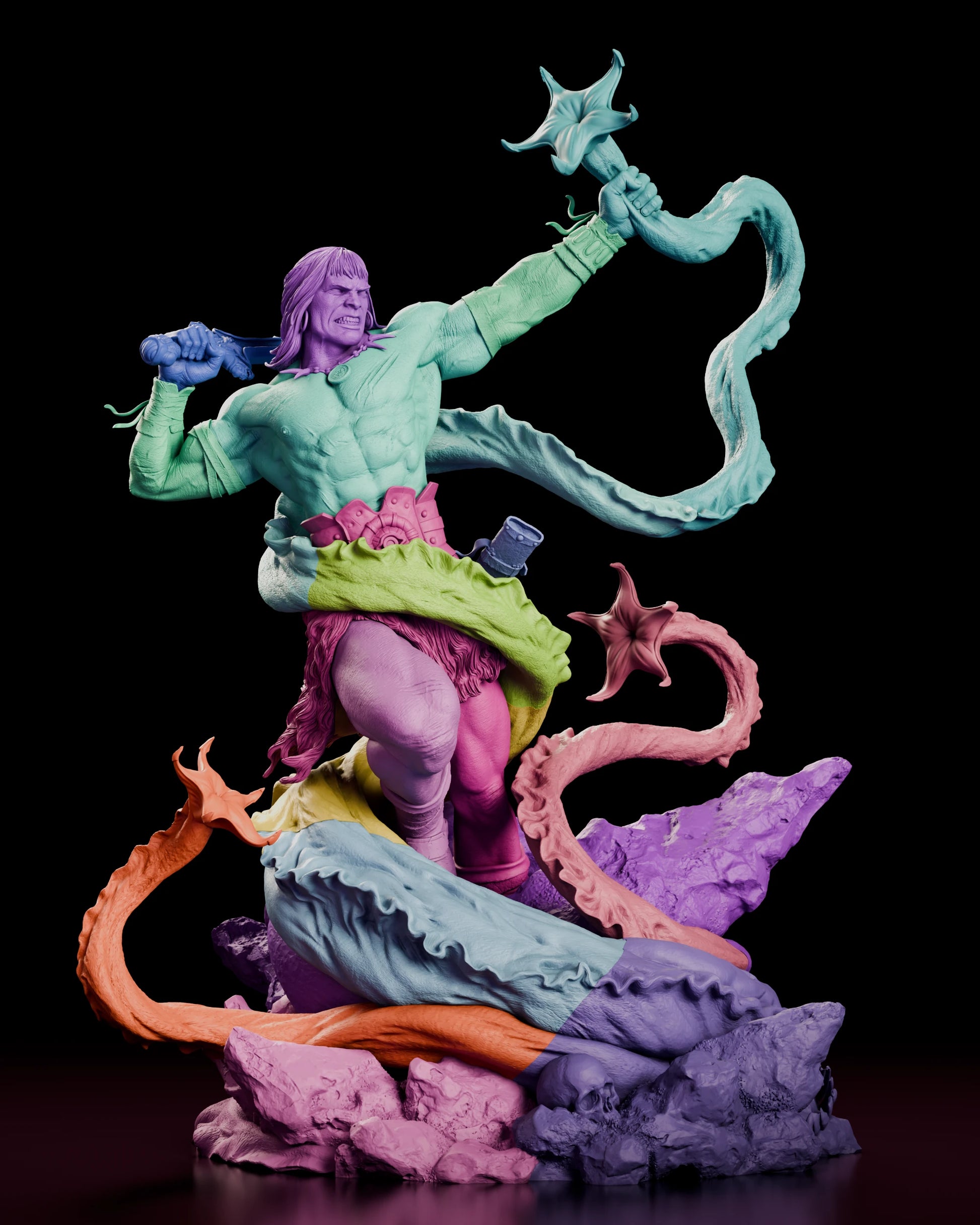 Parts breakdown of the Tentacled Horror Conan figure model kit with each component shown in a separate colour, including the torso, both arms, the belt and loincloth, the legs, the separate tentacles and the broken rock base
