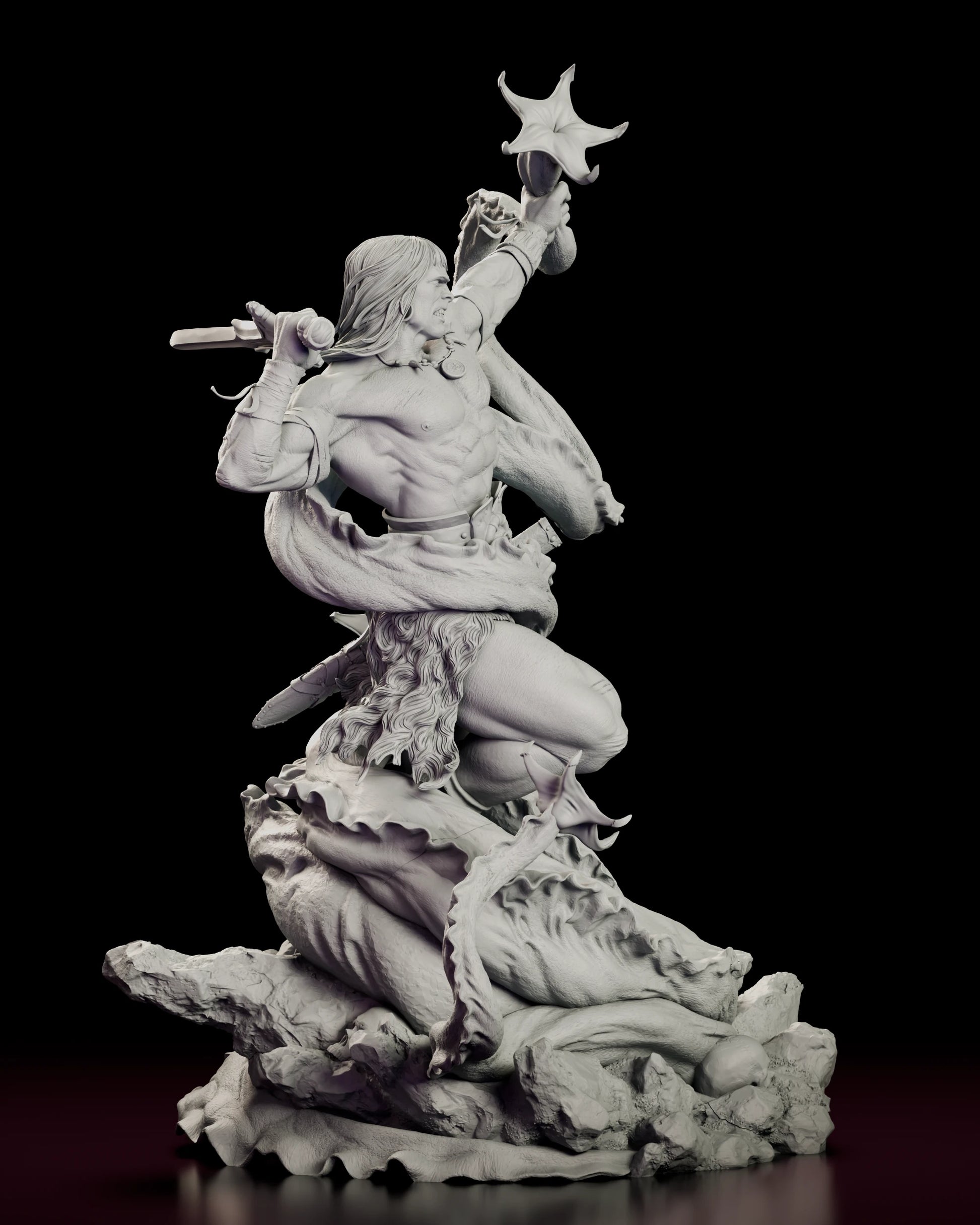 Right side view of the Tentacled Horror Conan figure model kit showing the drawn-back sword arm, the wrapped forearm bindings and the sweep of a tentacle rising behind