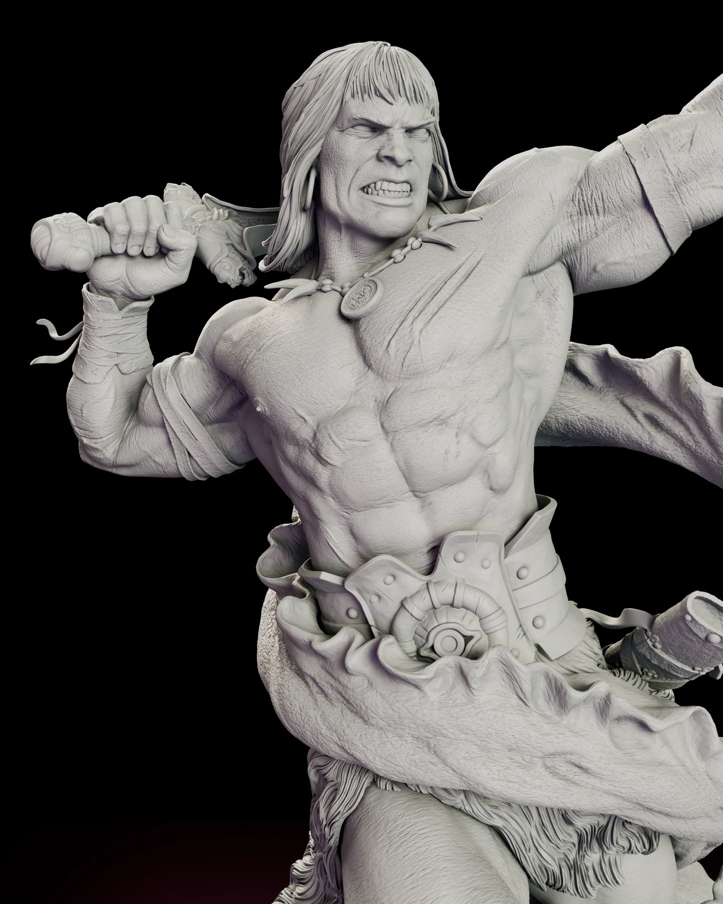 Close detail of the Tentacled Horror Conan figure model kit showing one of the creature's tentacles caught and held in a clenched fist, its splayed star-shaped tip opened wide above the barbarian head
