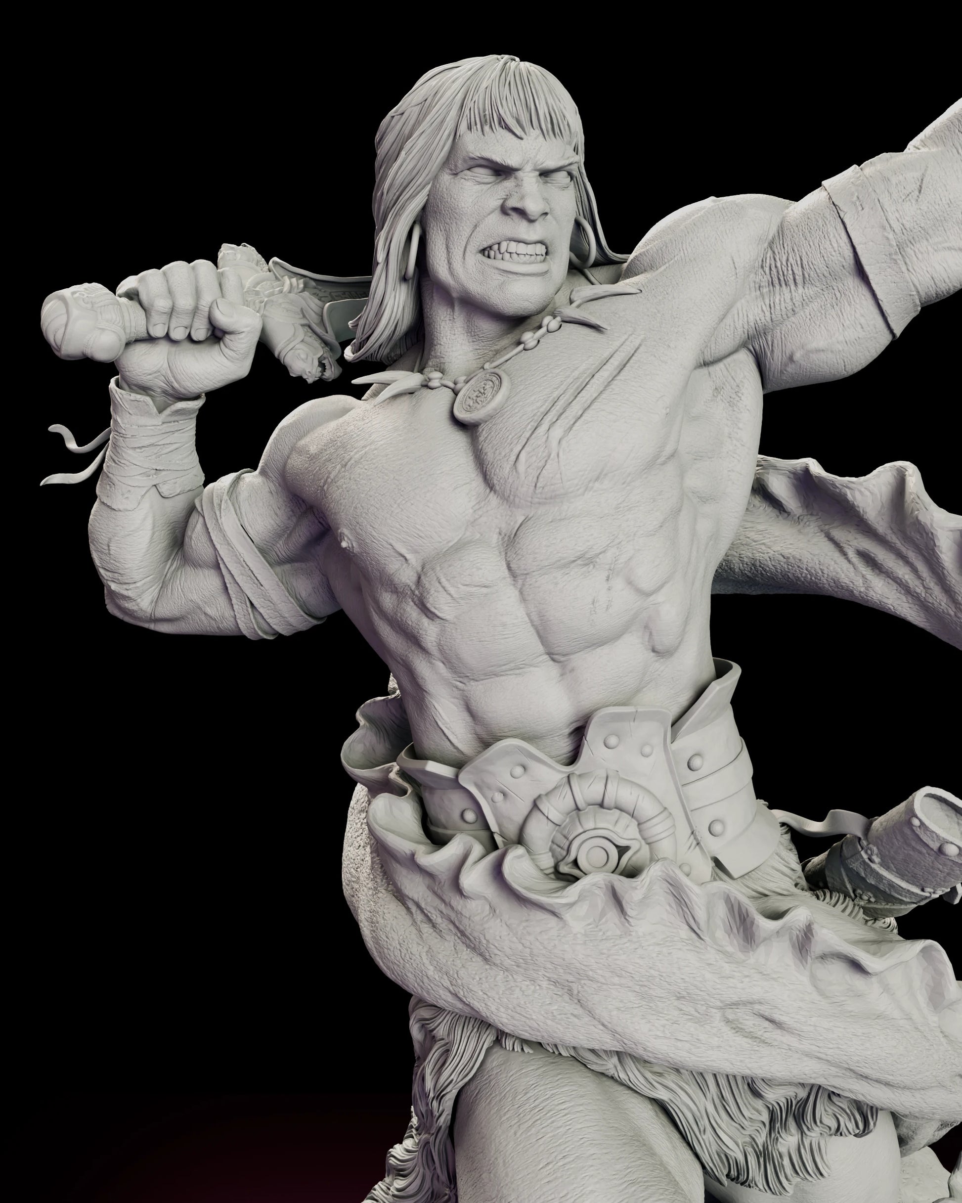 Close detail of the Tentacled Horror Conan figure model kit showing one of the creature's tentacles caught and held in a clenched fist, its splayed star-shaped tip opened wide above the barbarian head