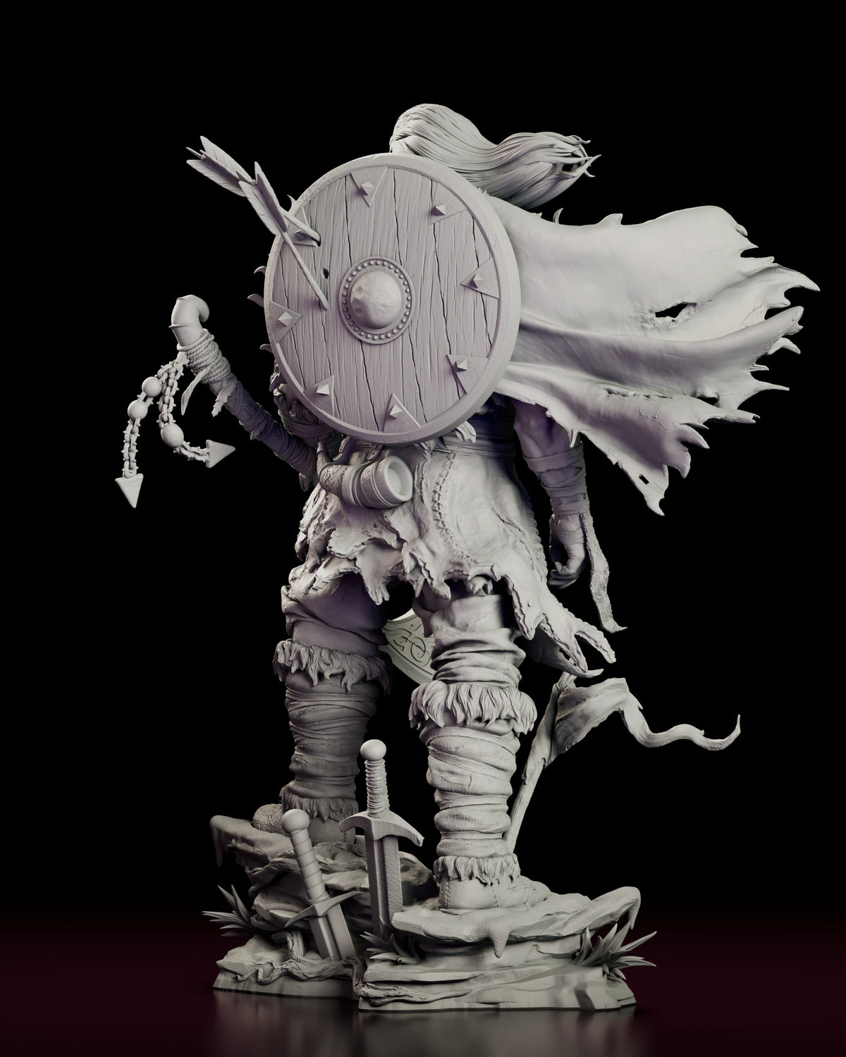 Rear view of The Northman figure model kit showing the round shield with two arrows lodged in it, a drinking horn and the torn cloak