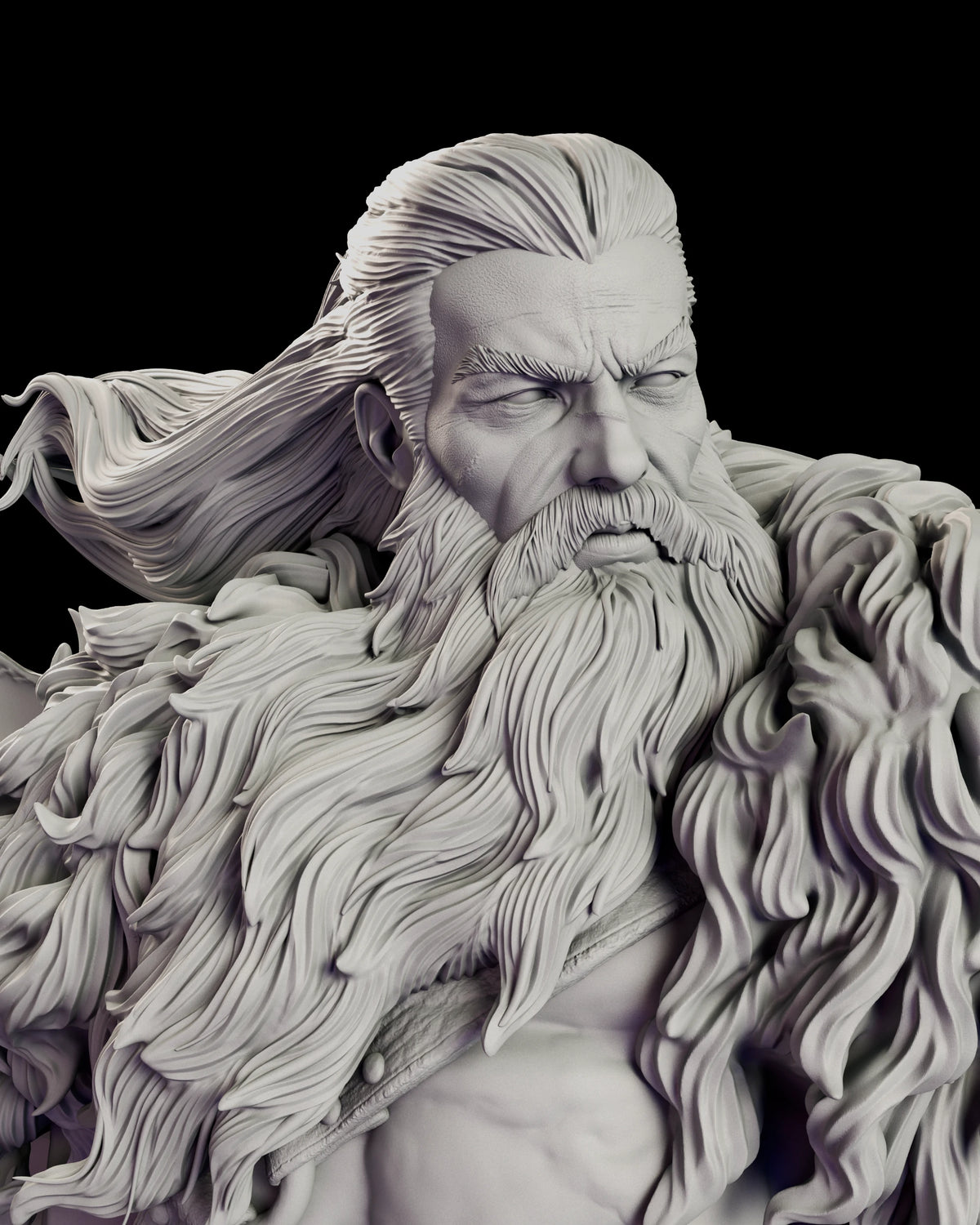 Portrait detail of The Northman's lined, scowling face with swept-back hair and a long full beard