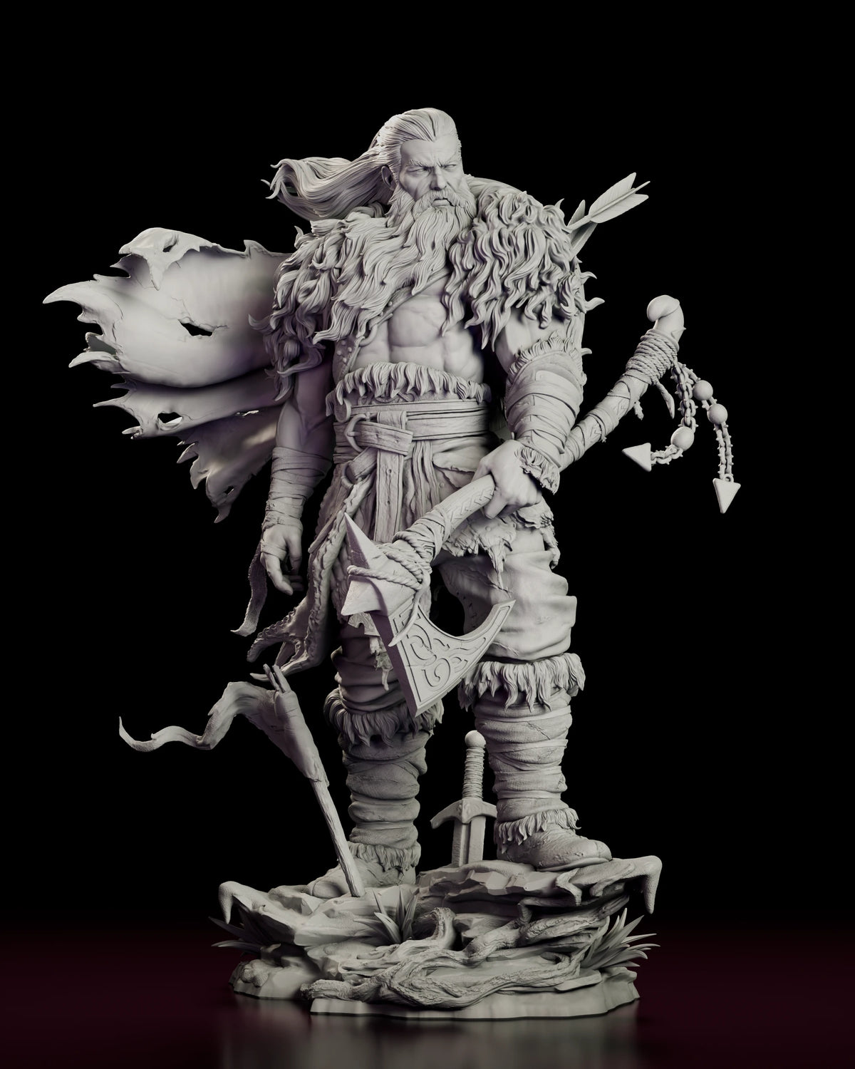 Front view of The Northman figure model kit holding a carved axe, with two swords and a broken banner pole planted in the base