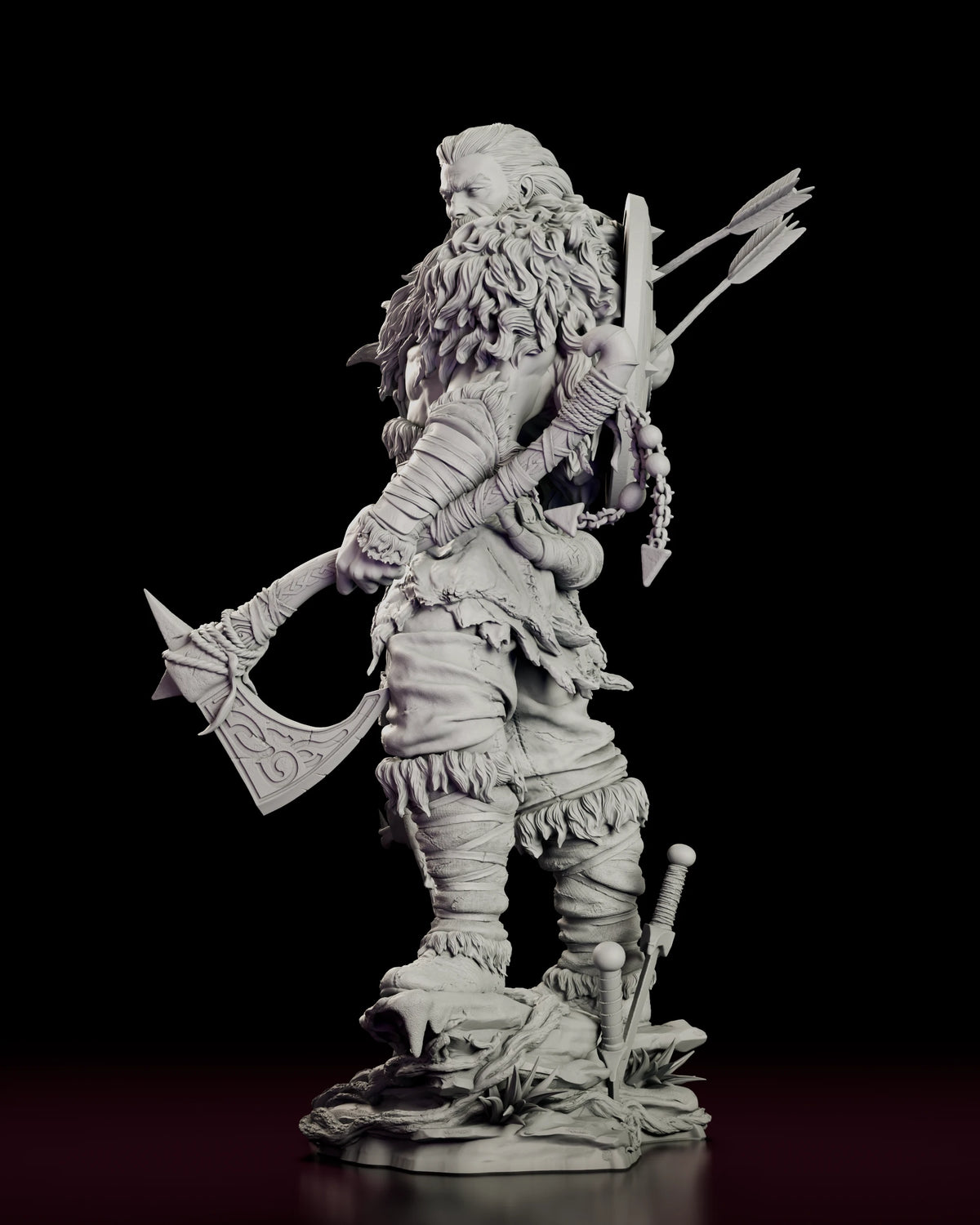 Left side view of The Northman resin model showing the axe blade, wrapped legs and the shield and arrows on his back