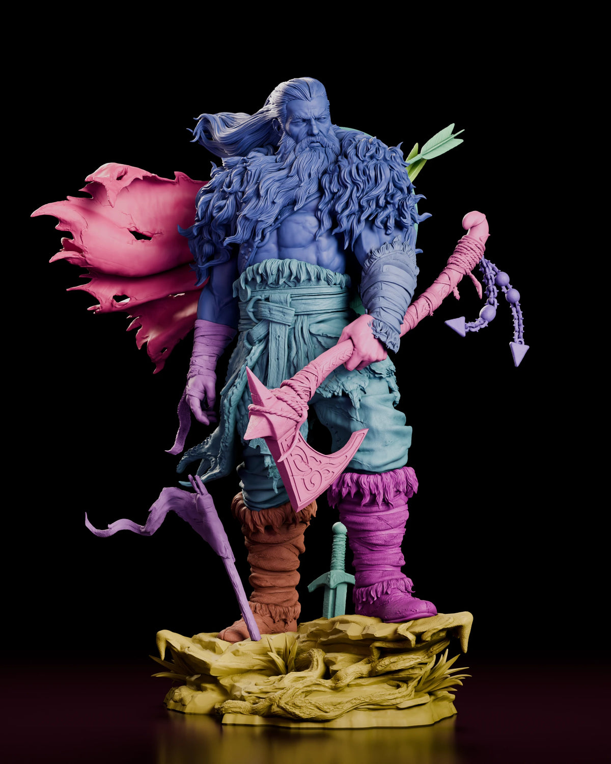 Parts breakdown of The Northman resin kit with the body, cloak, axe, legs, banner and base shown in separate colours